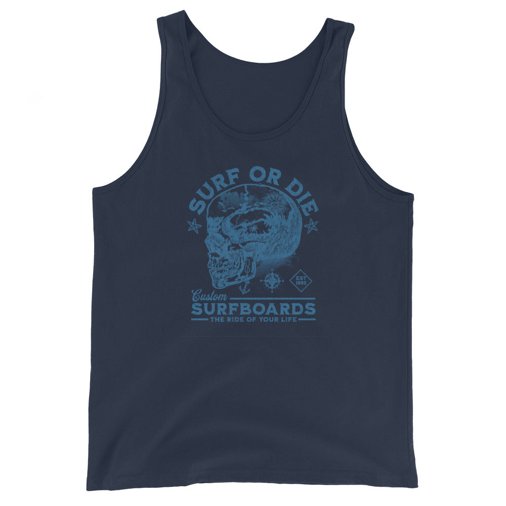 Surf or Die Surfboards Summer Tank Top for Men Navy