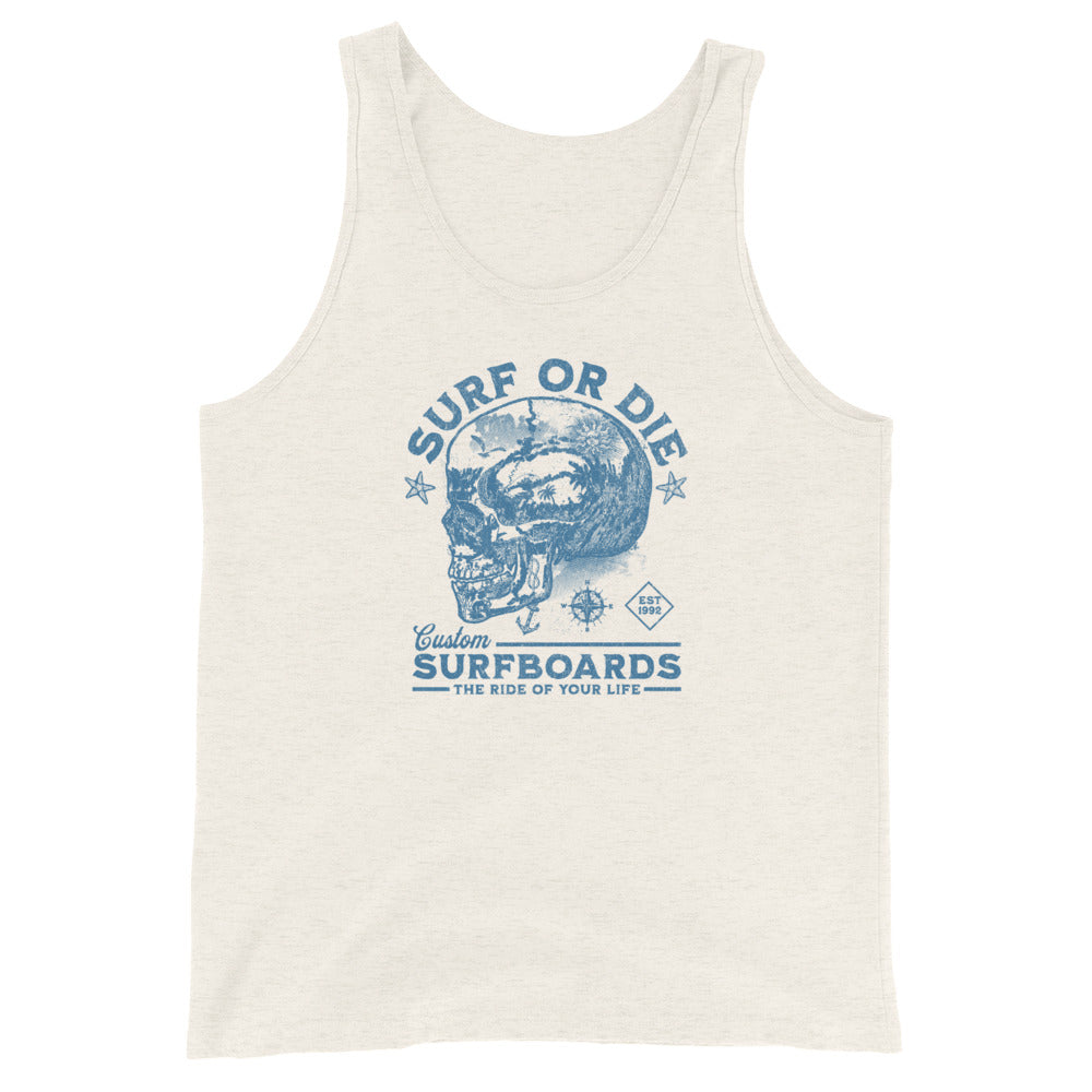 Surf or Die Surfboards Summer Tank Top for Men Oatmeal Triblend