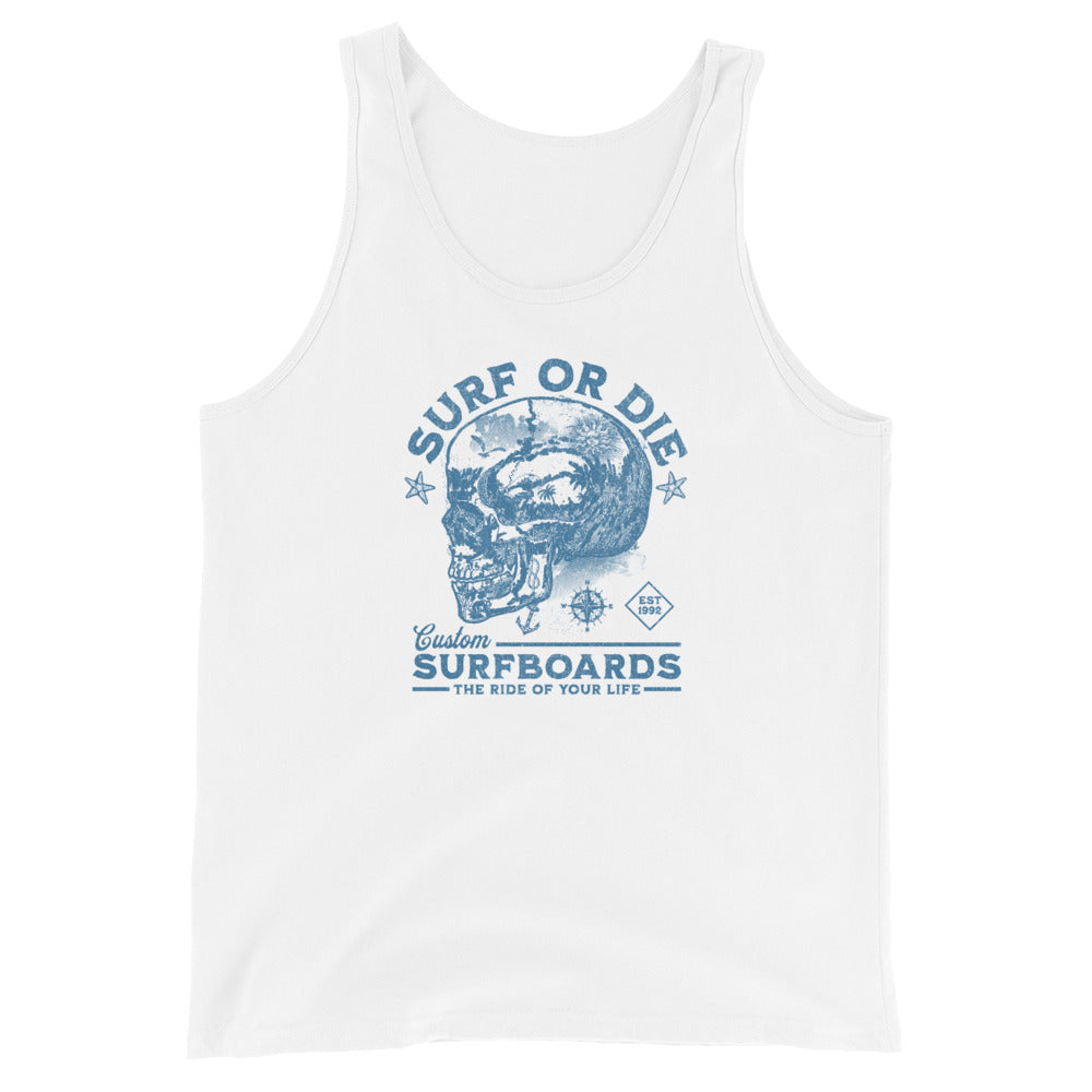 Surf or Die Surfboards Summer Tank Top for Men White