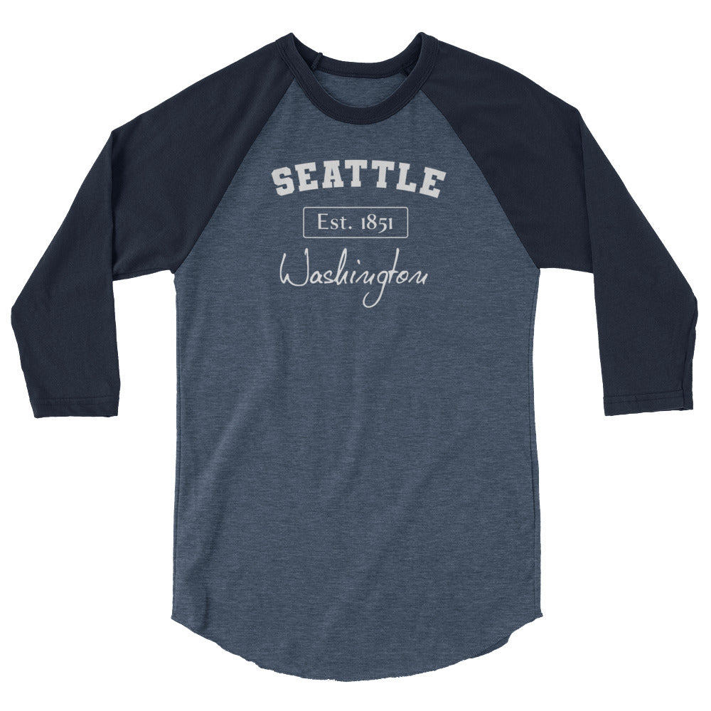 Seattle, Washington 3/4 Sleeve Men's Raglan Shirt Heather Denim Navy