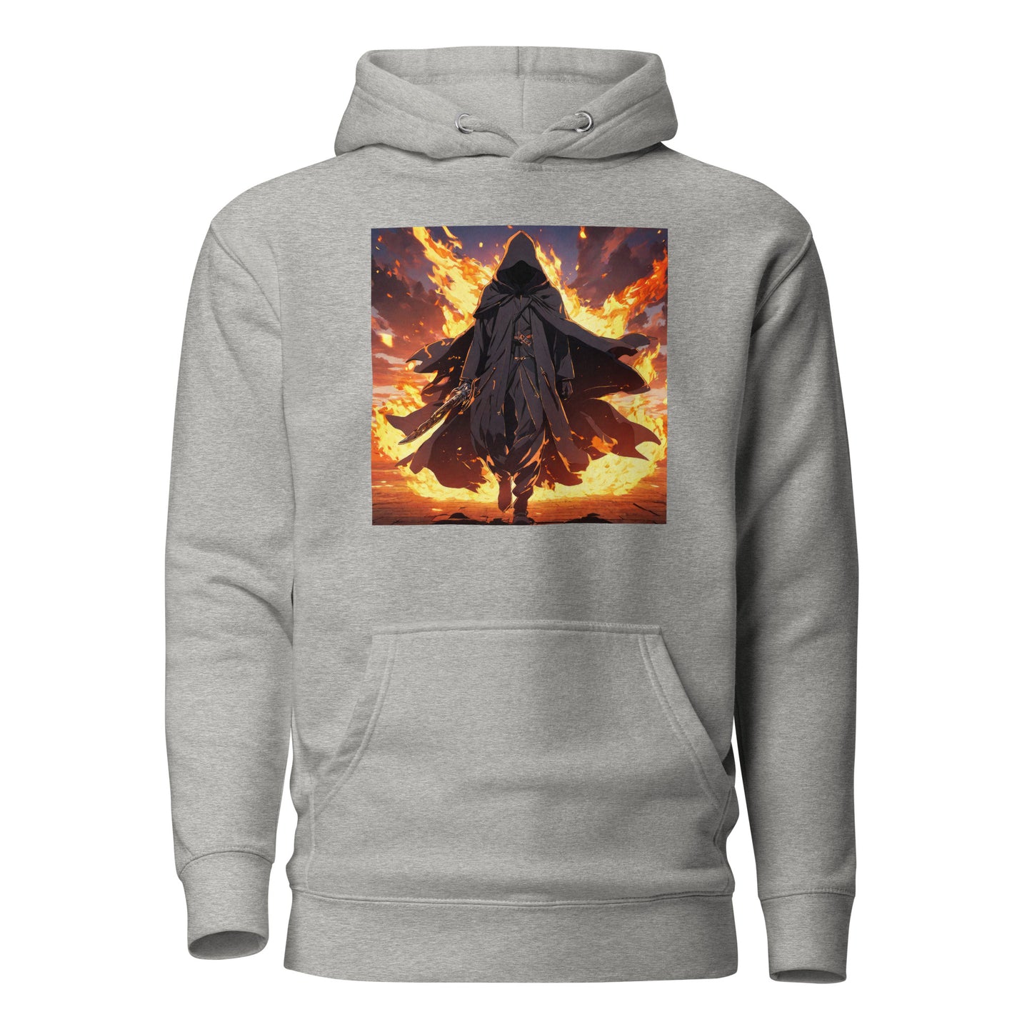 Fiery Faceless Warrior Men's Graphic Anime Hoodie Carbon Grey