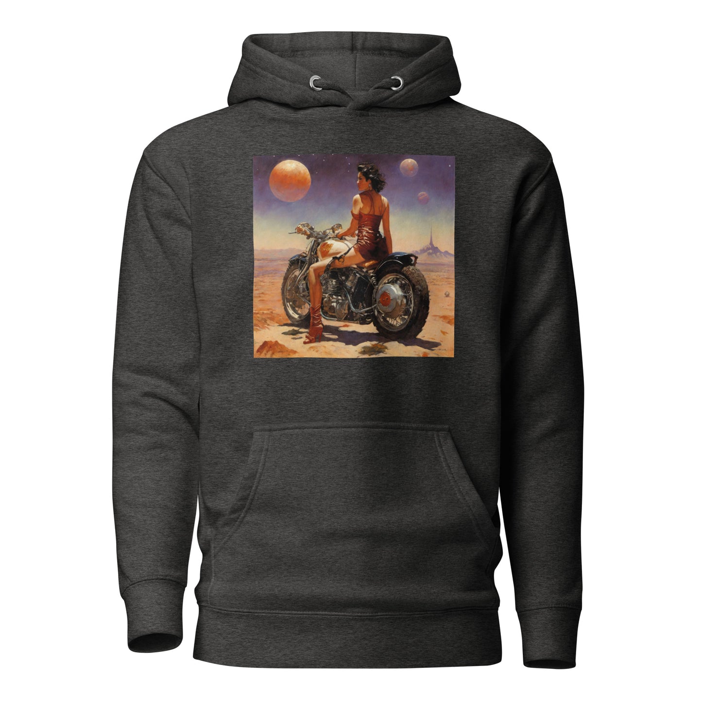 Biker Babe in Space Men's Sci-Fi Hoodie Charcoal Heather