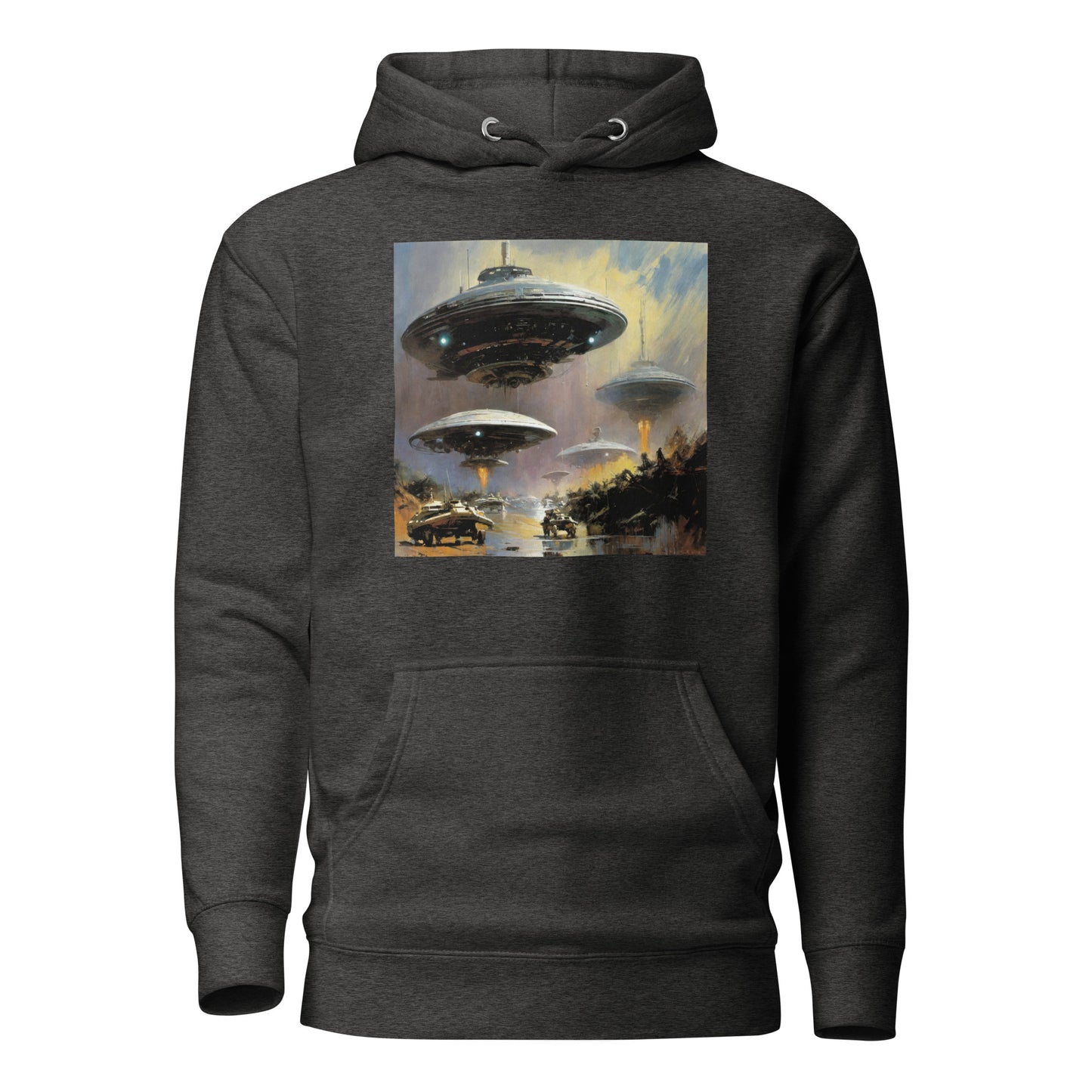 Alien Invasion Men's Graphic Pullover Sweatshirt Hoodie Charcoal Heather