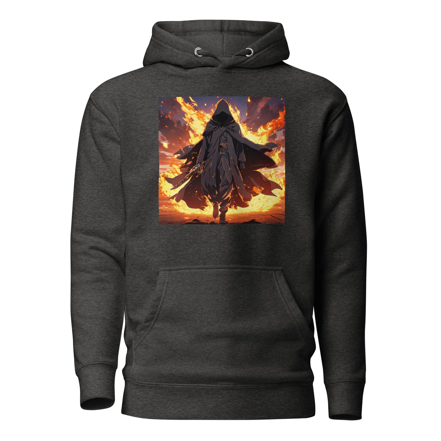 Fiery Faceless Warrior Men's Graphic Anime Hoodie Charcoal Heather