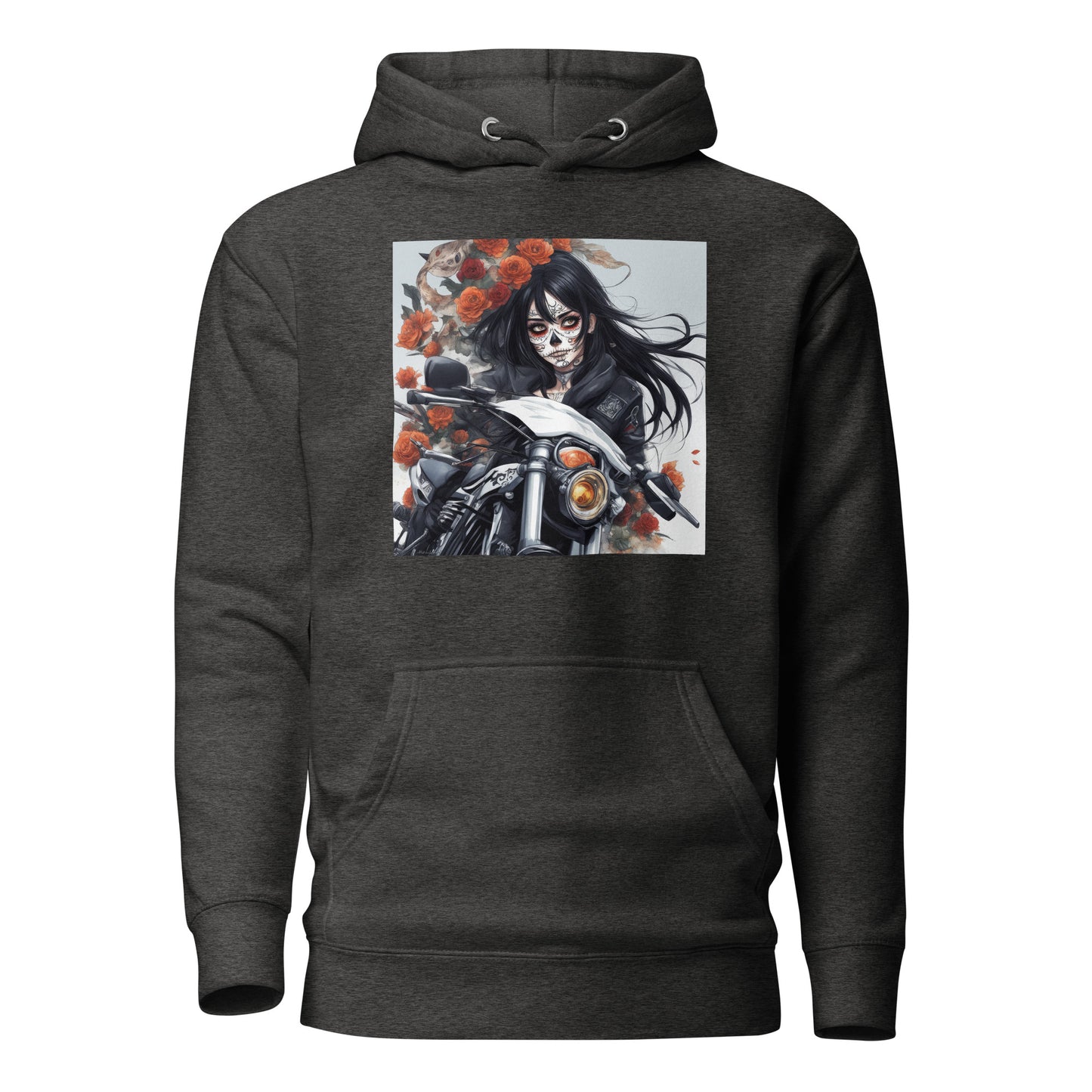 Day of the Dead Biker Close Up Men's Anime Hoodie Charcoal Heather