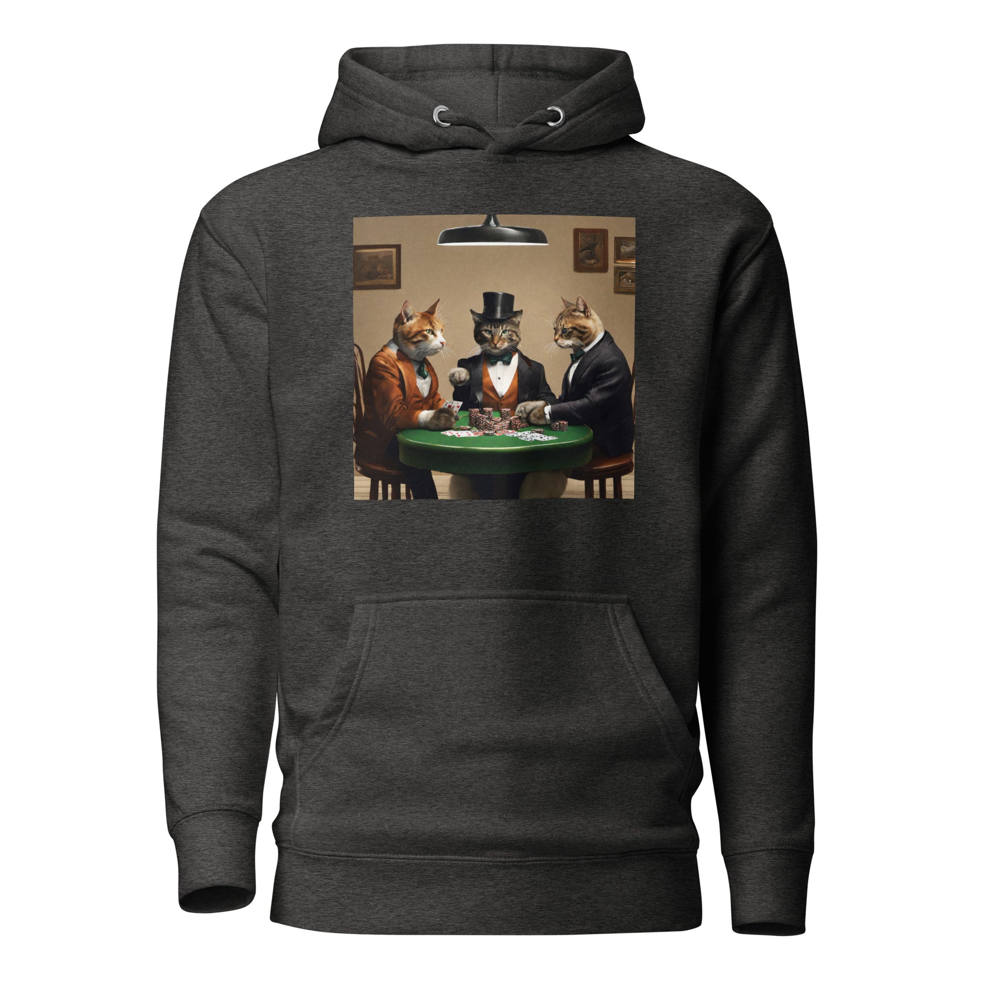 Cats Playing Poker Men's Funny Hoodie Charcoal Heather