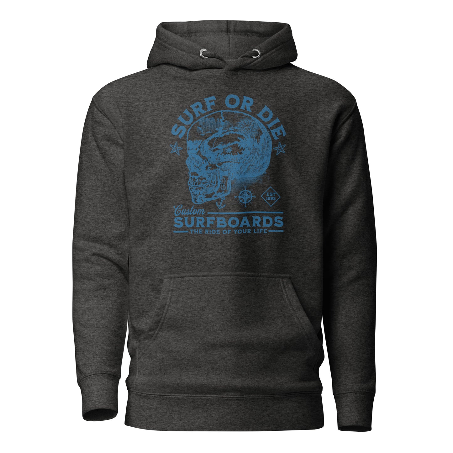 Surf or Die Surfboards Summer Hoodie for Men Charcoal Heather