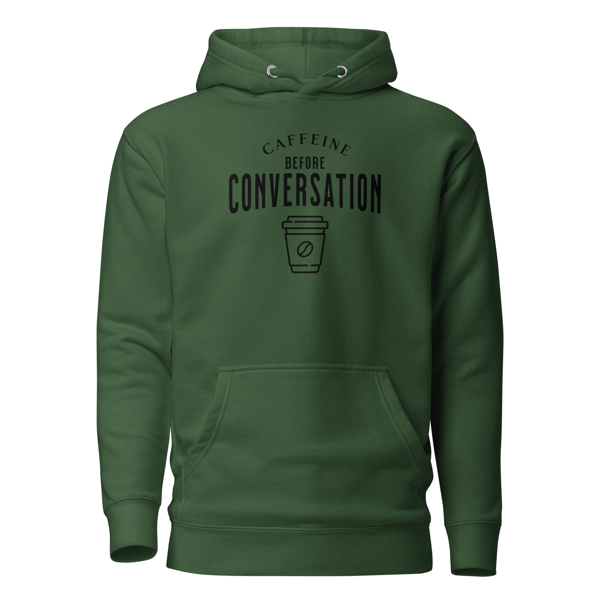 Caffeine Before Conversation Men's Funny Hoodie Forest Green