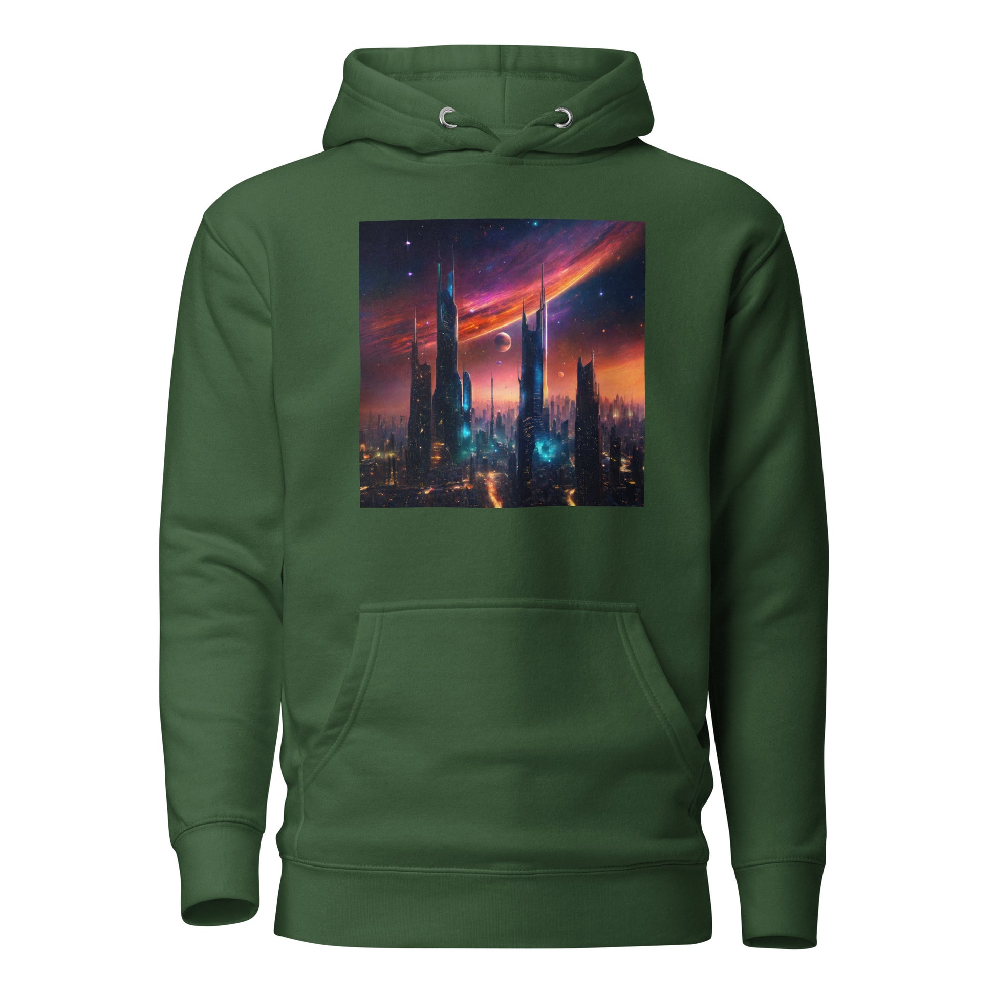 Futuristic Ciyscape Men's Pullover Sweatshirt Hoodie Forest Green