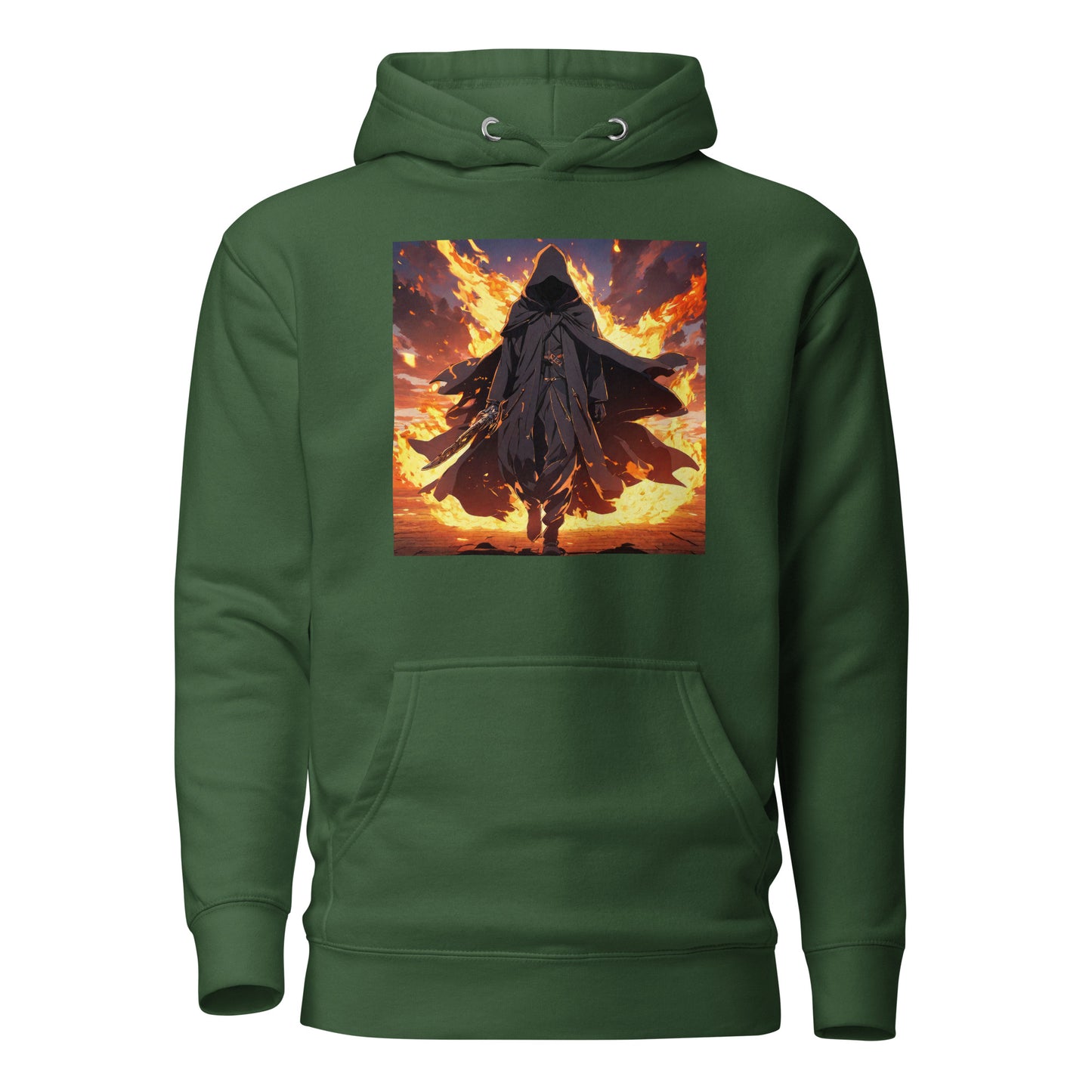 Fiery Faceless Warrior Men's Graphic Anime Hoodie Forest Green