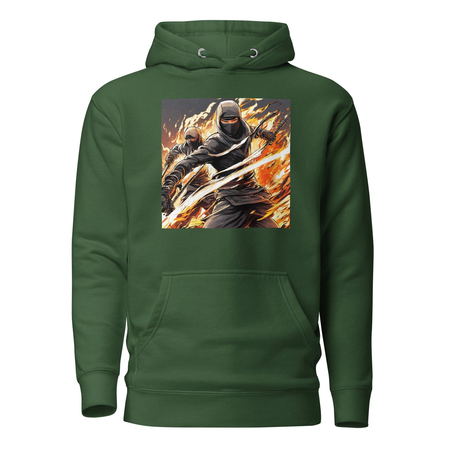 Flame-Wielding Assassin Men's Anime Hoodie Forest Green