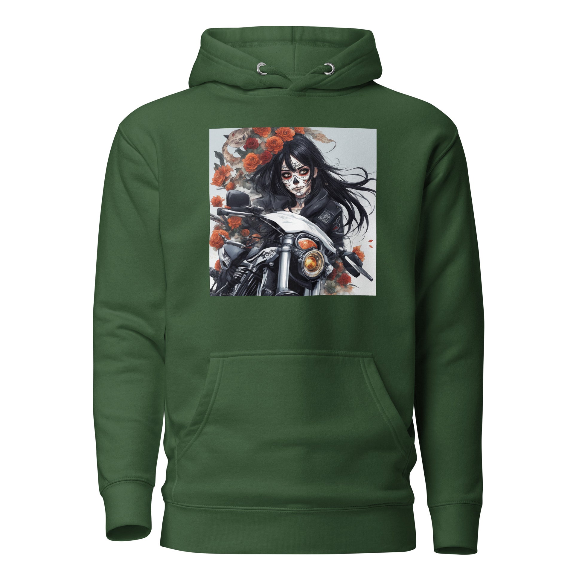 Day of the Dead Biker Close Up Men's Anime Hoodie Forest Green