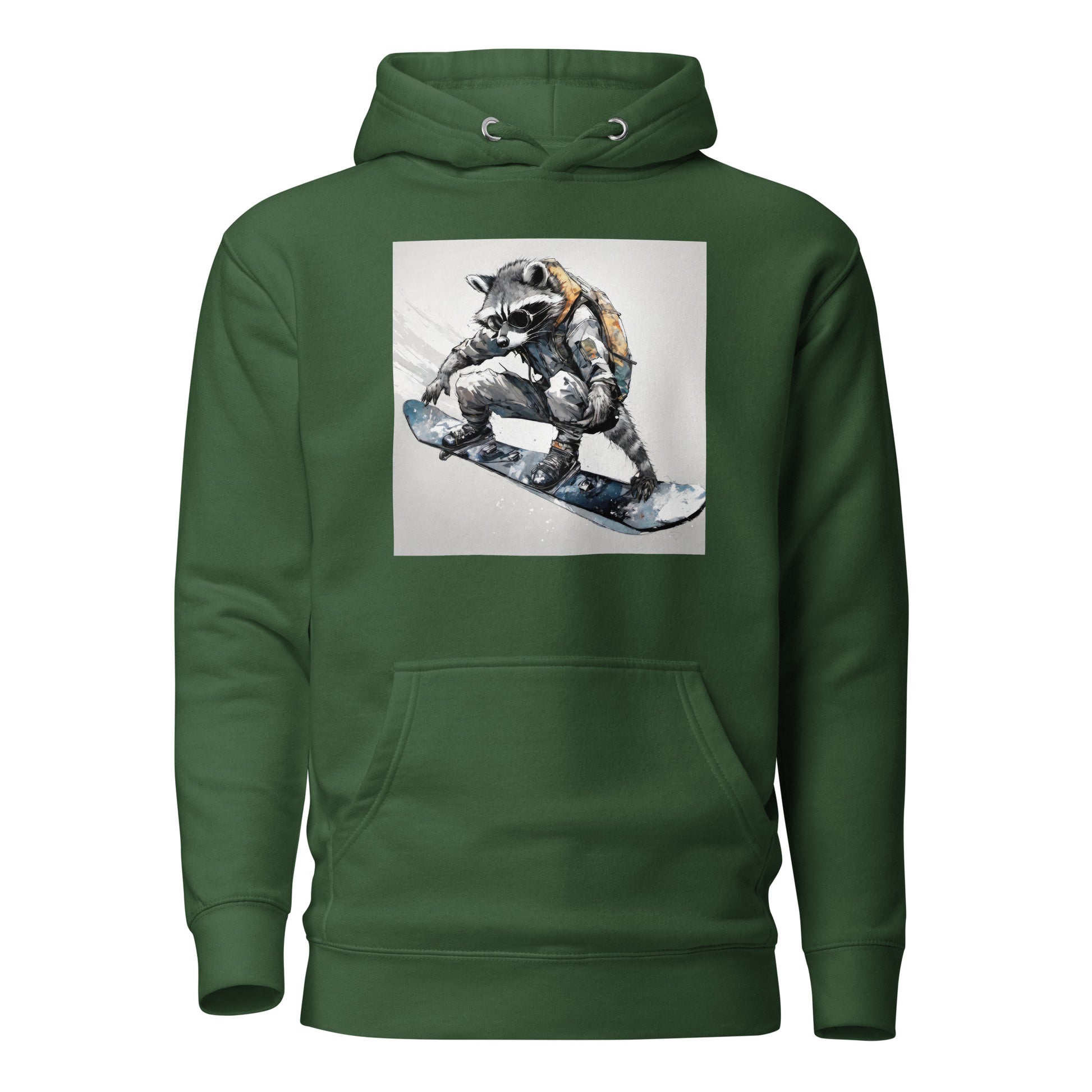 Raccoon Snowboarder Men's Winter Hoodie Forest Green