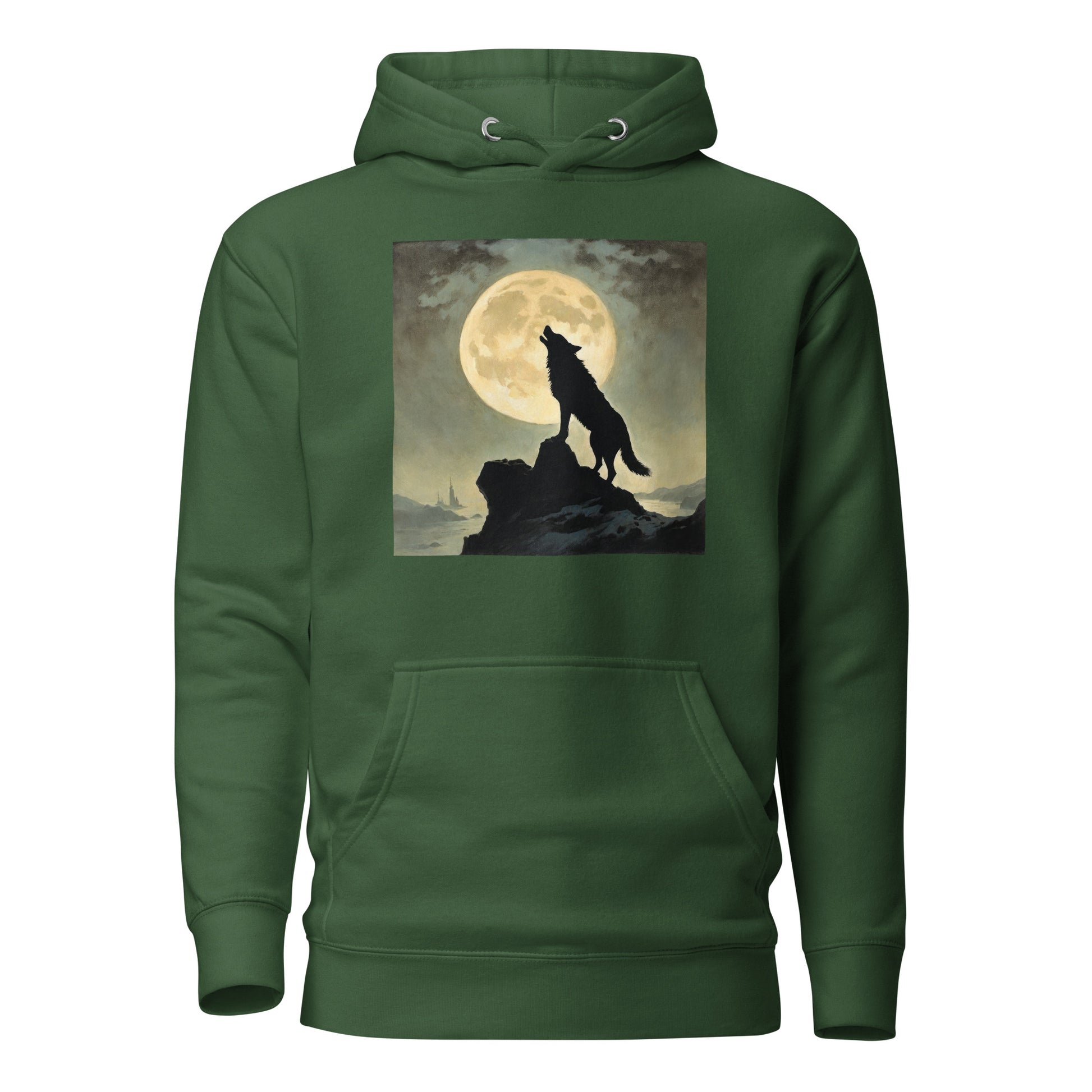 Wolf Howling at Moon Halloween Men's Hoodie Forest Green