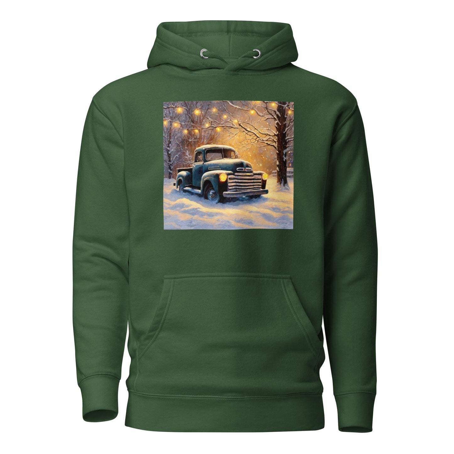 Old Pickup Truck in Winter Scene Christmas Men's Hoodie Forest Green