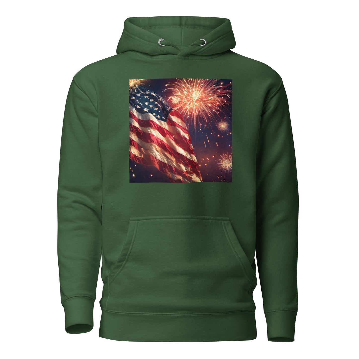 4th of July Fireworks and American Flag Hoodie Forest Green