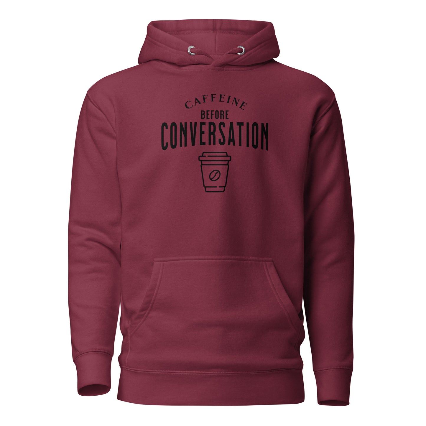 Caffeine Before Conversation Men's Funny Hoodie Maroon