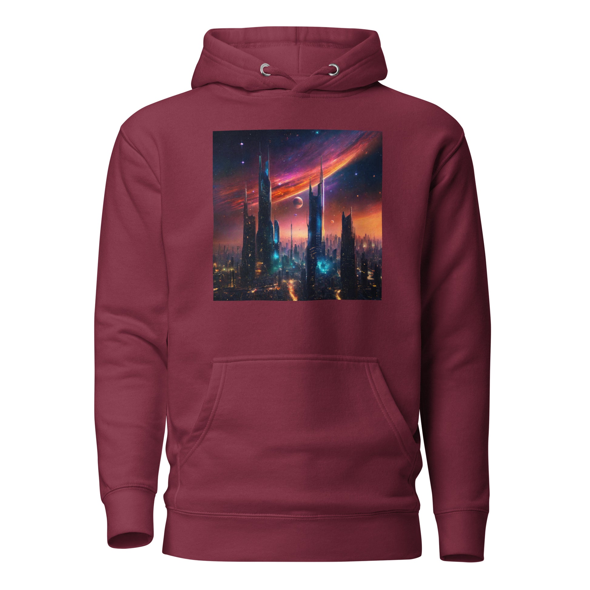 Futuristic Ciyscape Men's Pullover Sweatshirt Hoodie Maroon