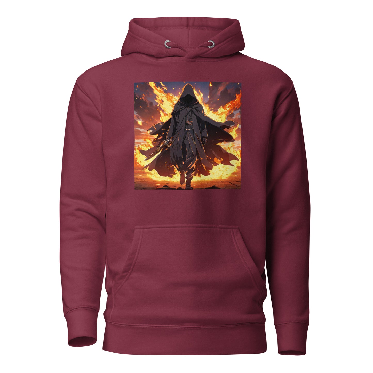 Fiery Faceless Warrior Men's Graphic Anime Hoodie Maroon