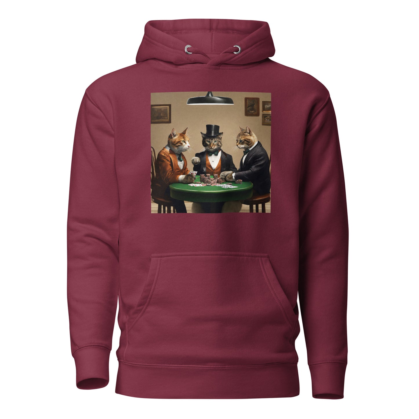 Cats Playing Poker Men's Funny Hoodie Maroon