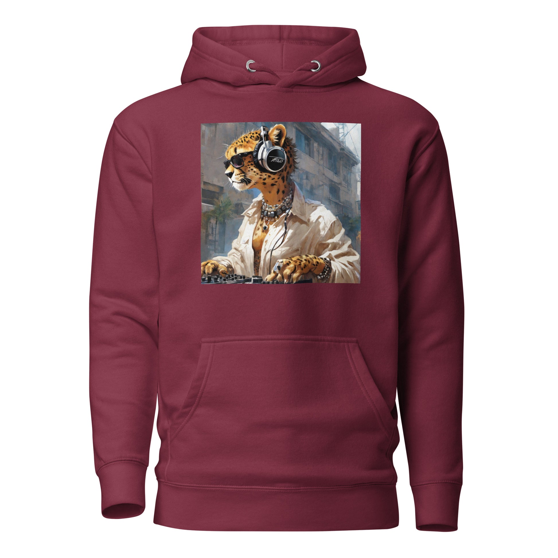 Leopard DJing Men's Graphic Hoodie Maroon