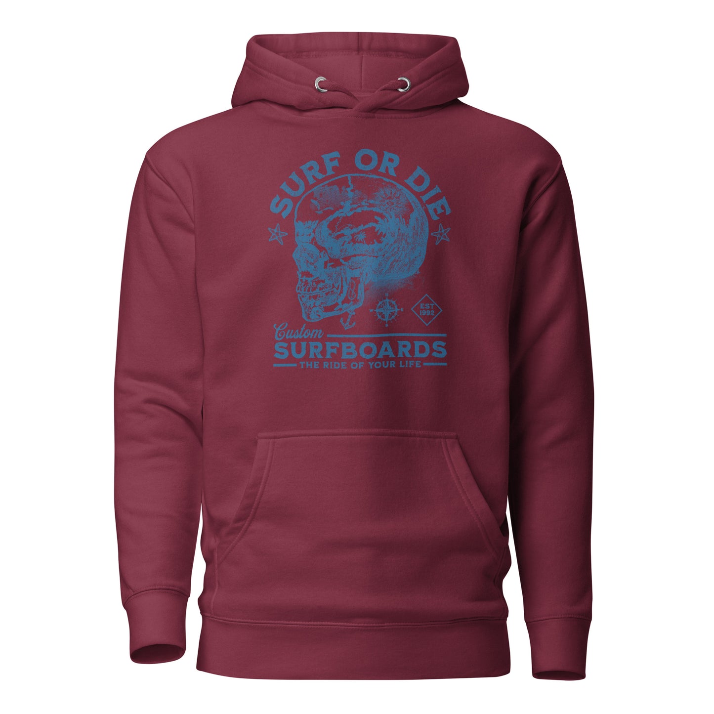 Surf or Die Surfboards Summer Hoodie for Men Maroon