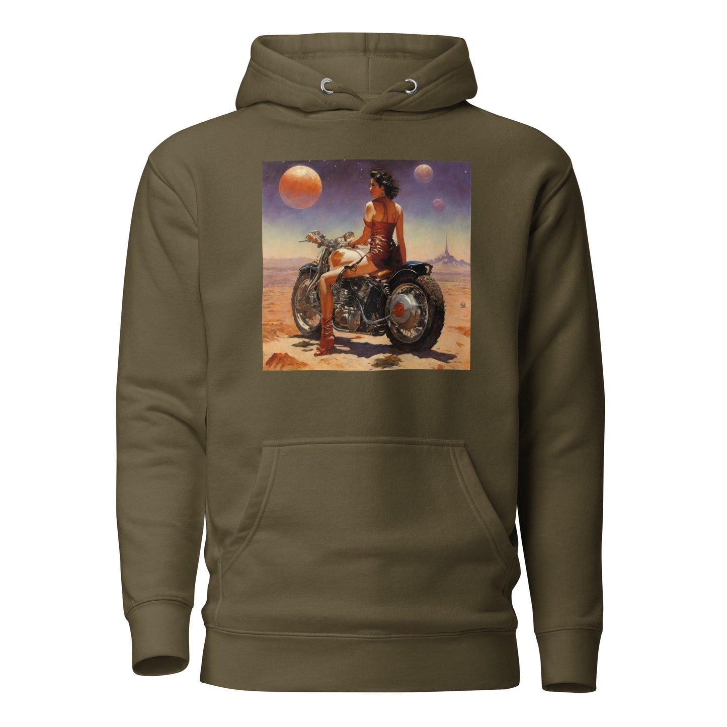 Biker Babe in Space Men's Sci-Fi Hoodie Military Green