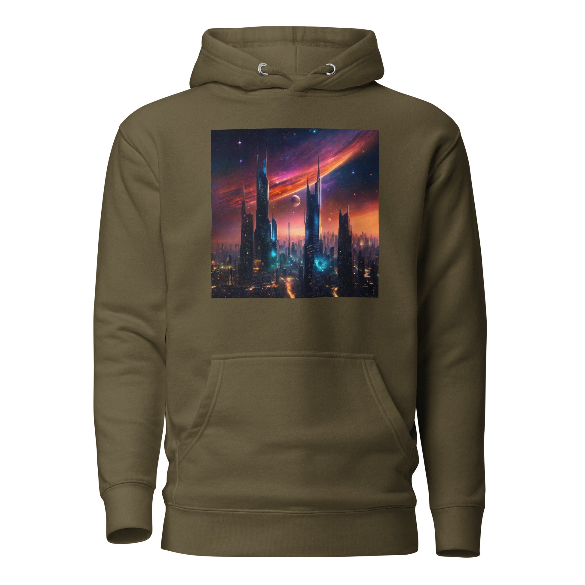 Futuristic Ciyscape Men's Pullover Sweatshirt Hoodie Military Green