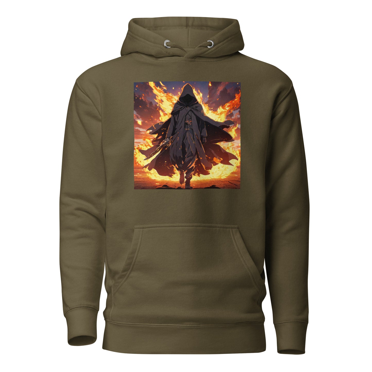 Fiery Faceless Warrior Men's Graphic Anime Hoodie Military Green