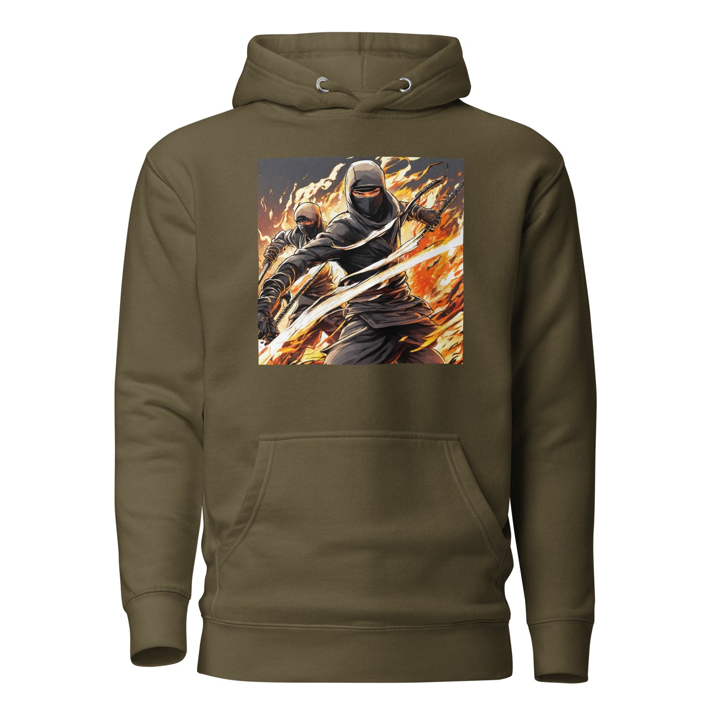 Flame-Wielding Assassin Men's Anime Hoodie Military Green