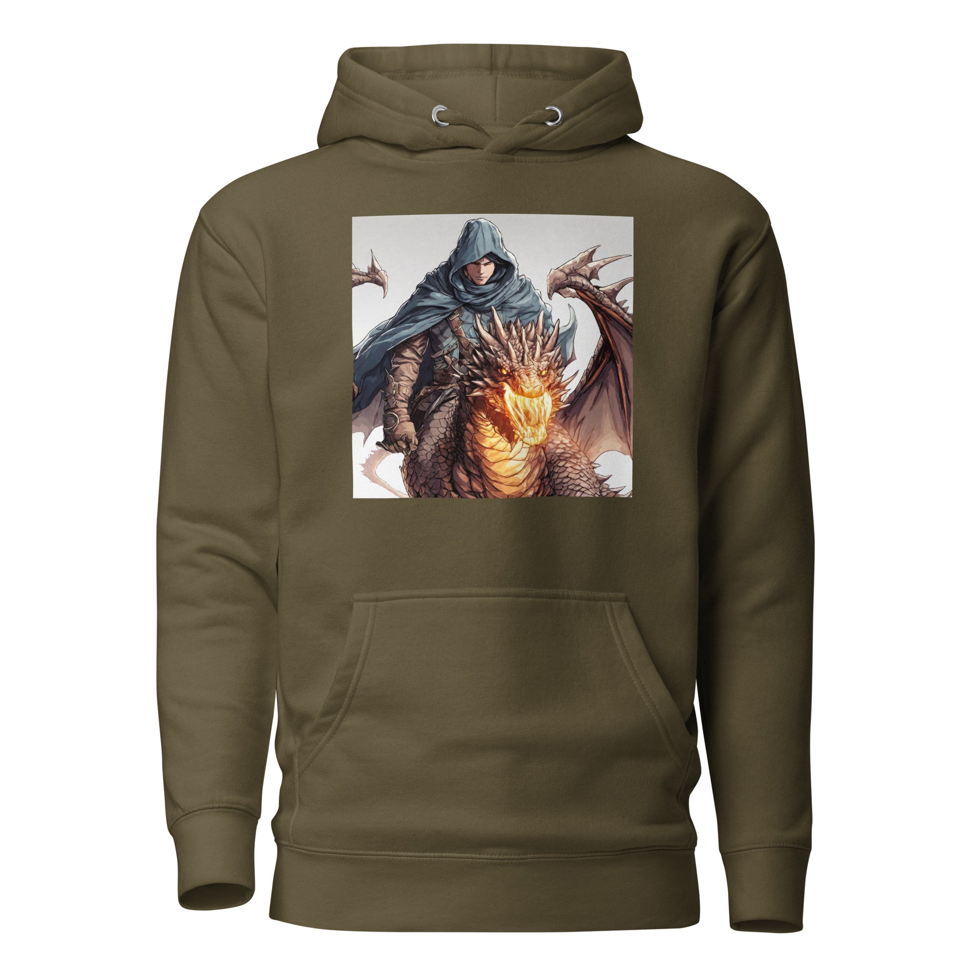 Hooded Knight, Fiery Dragon Men's Anime Hoodie Military Green