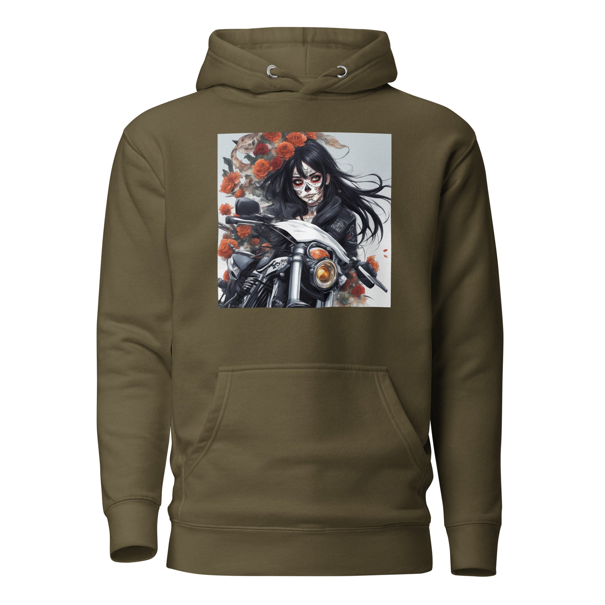 Day of the Dead Biker Close Up Men's Anime Hoodie Military Green