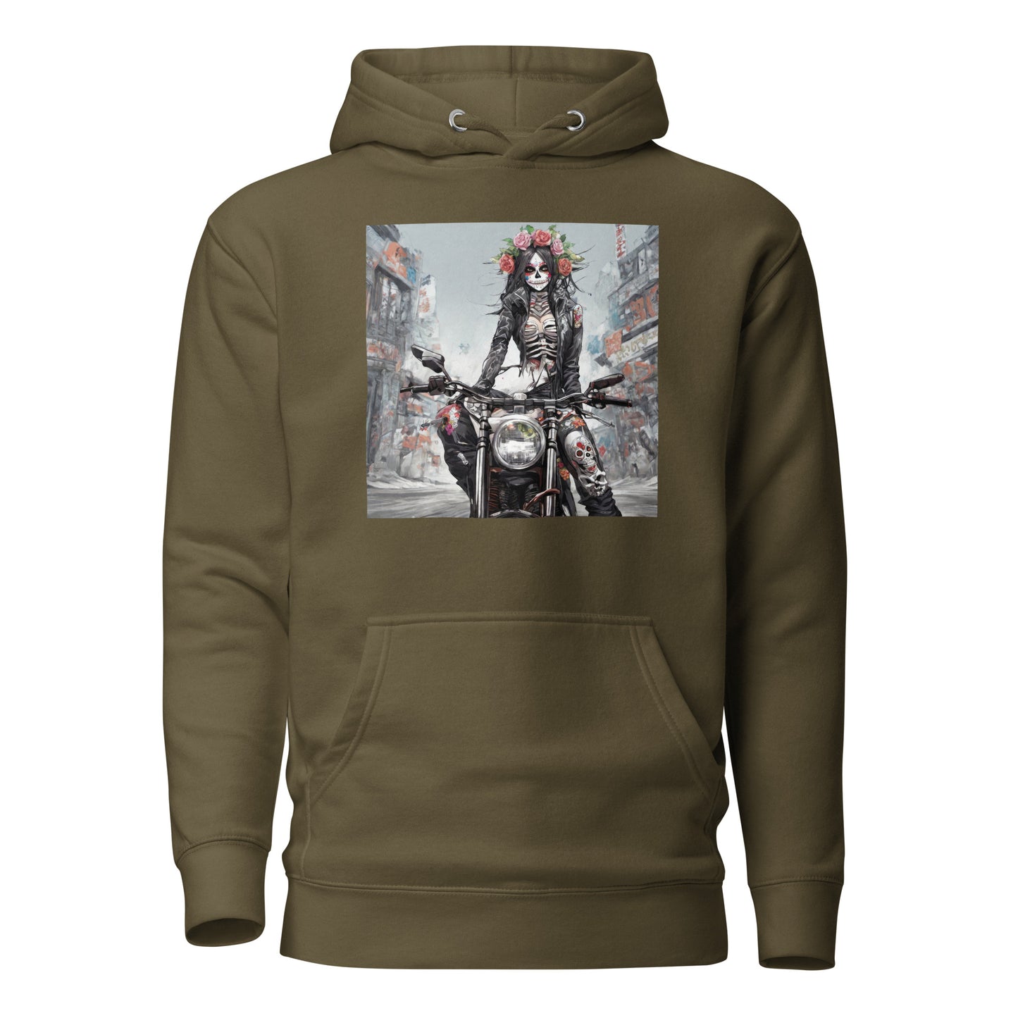 Day of the Dead Biker Men's Anime Hoodie Military Green