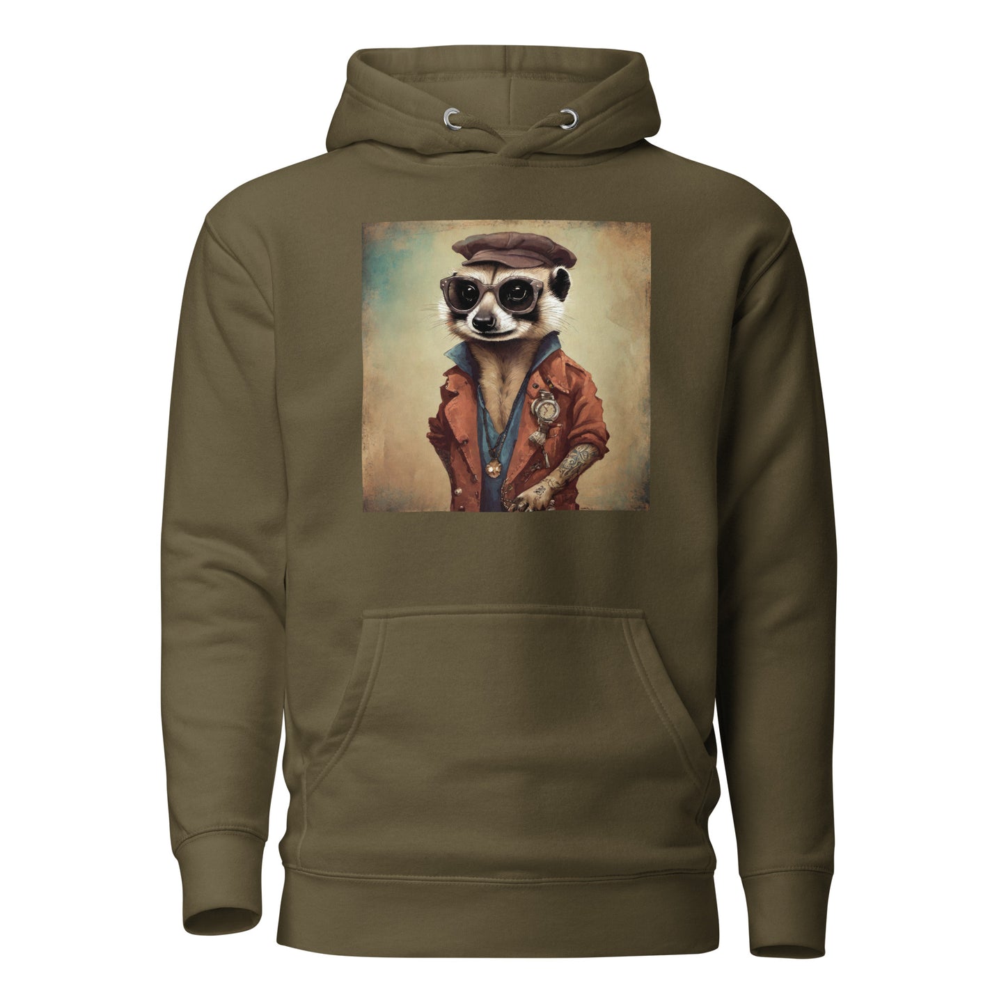 Hipster Ferret with Tattoos Men's Funny Hoodie Military Green