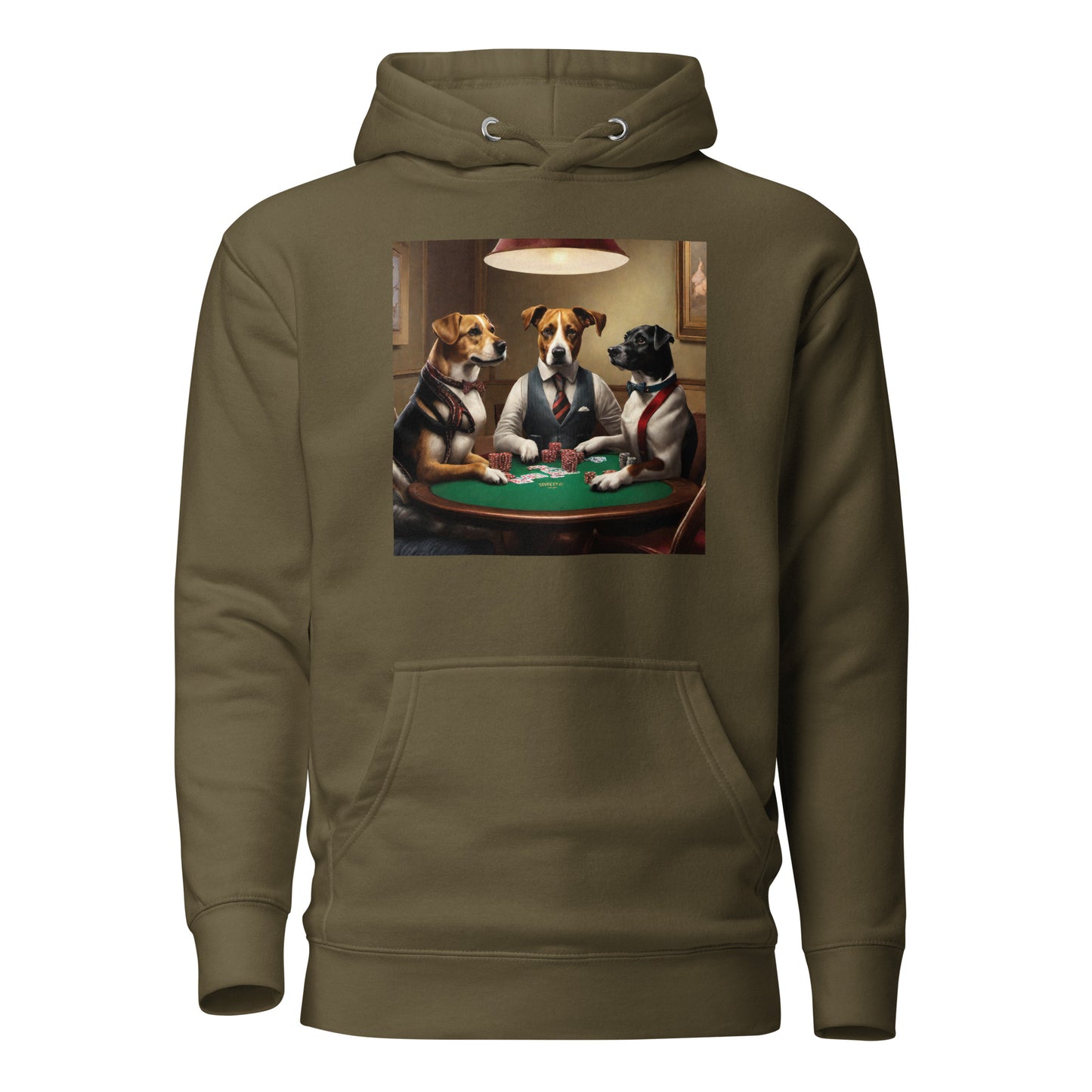 Poker Playing Pooches Men's Funny Hoodie Military Green