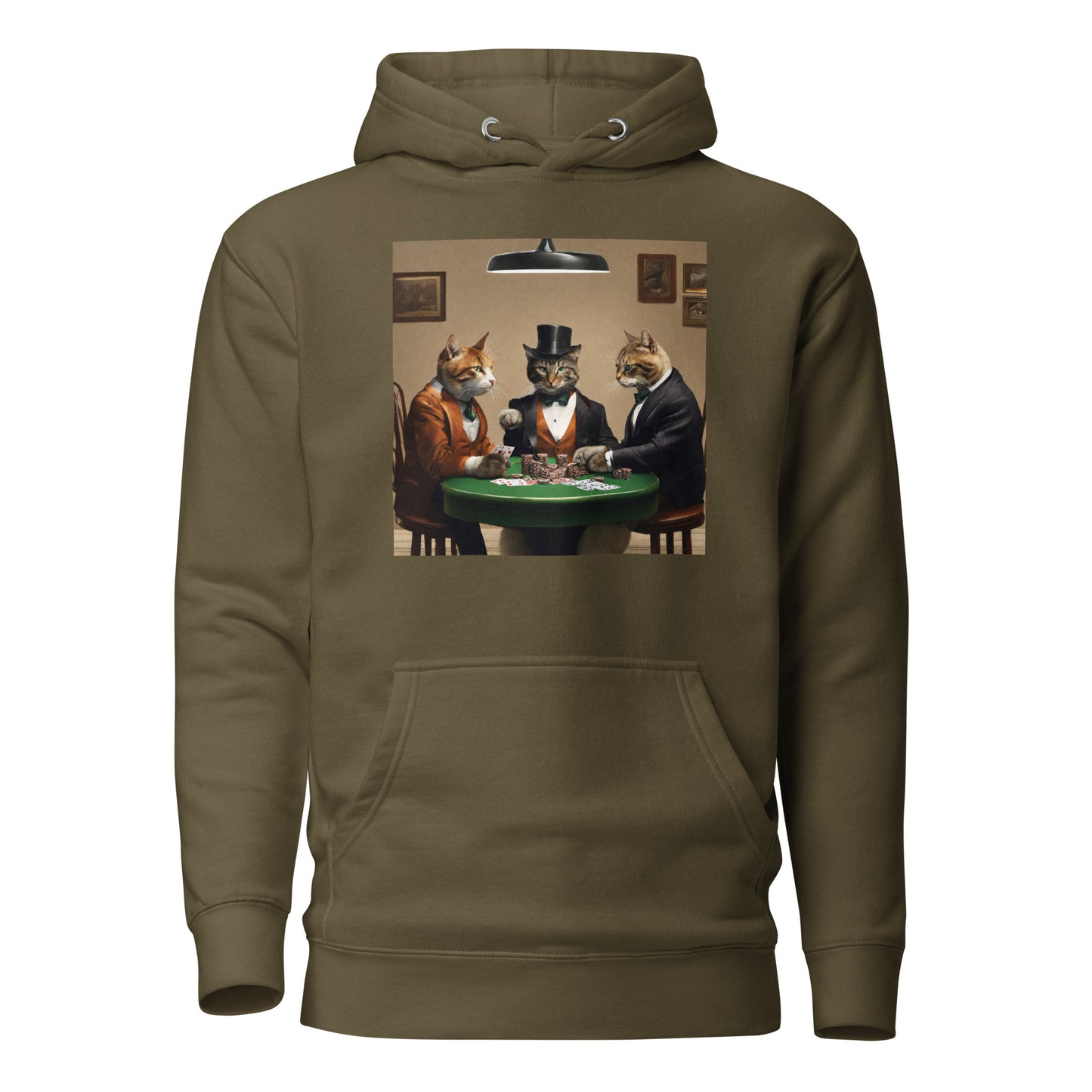 Cats Playing Poker Men's Funny Hoodie Military Green