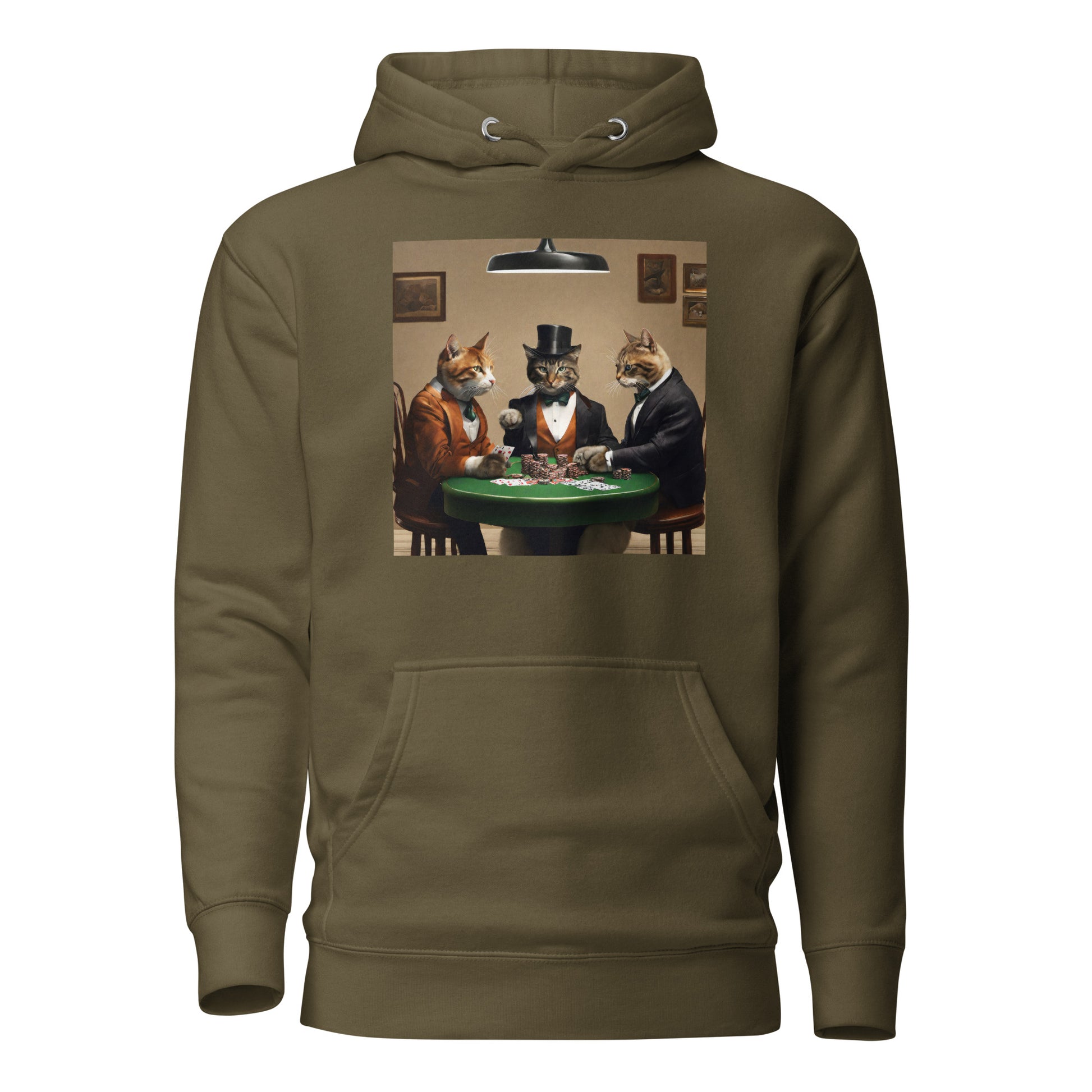 Cats Playing Poker Men's Funny Hoodie Military Green