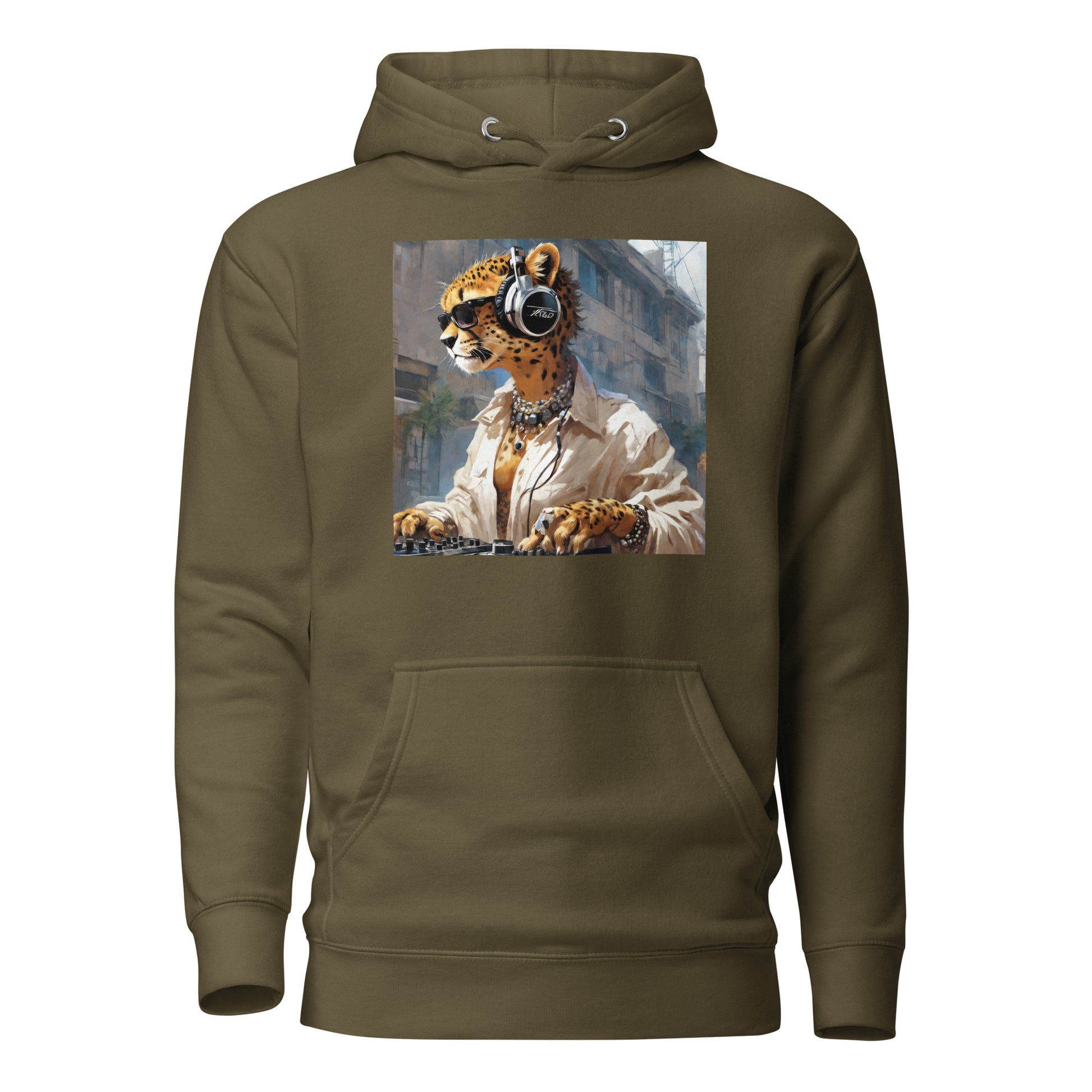 Leopard DJing Men's Graphic Hoodie Military Green