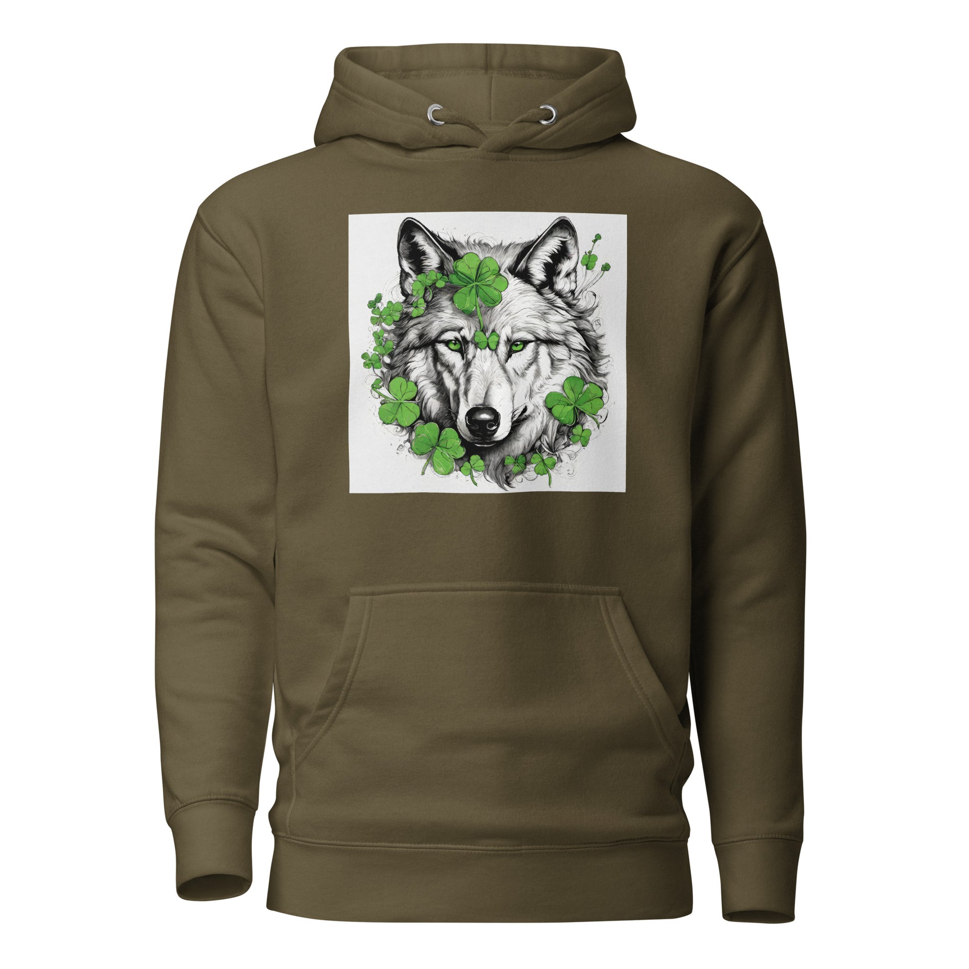 Wolf & Shamrock Lucky St Patrick's Day Men's Hoodie Military Green