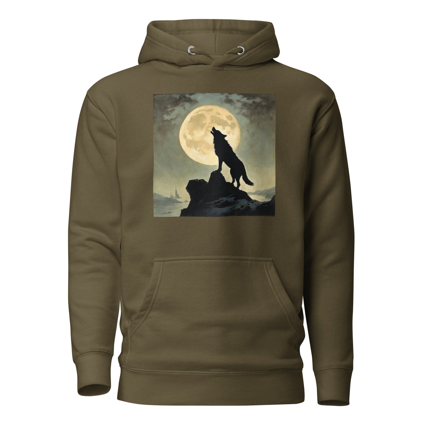 Wolf Howling at Moon Halloween Men's Hoodie Military Green