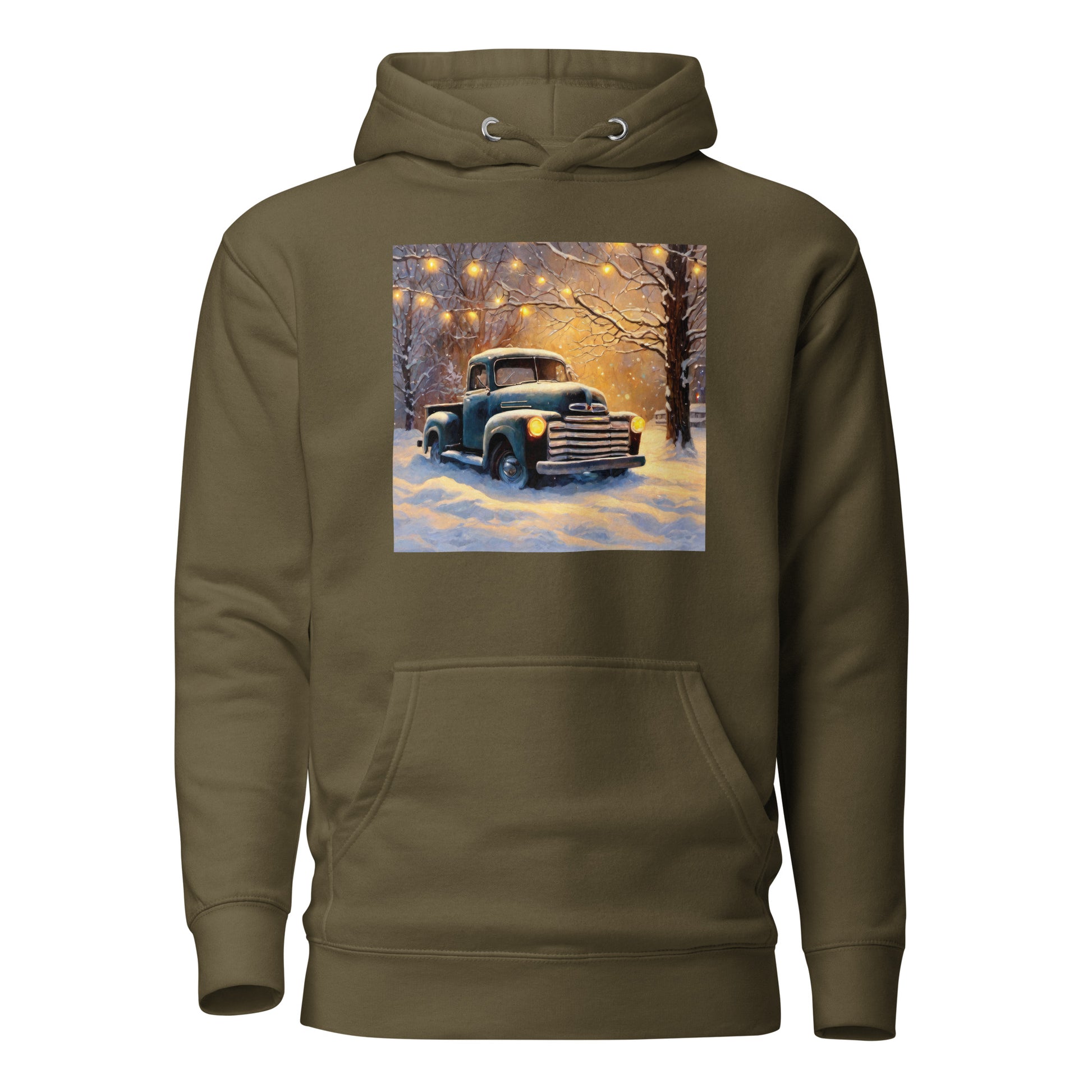 Old Pickup Truck in Winter Scene Christmas Men's Hoodie Military Green