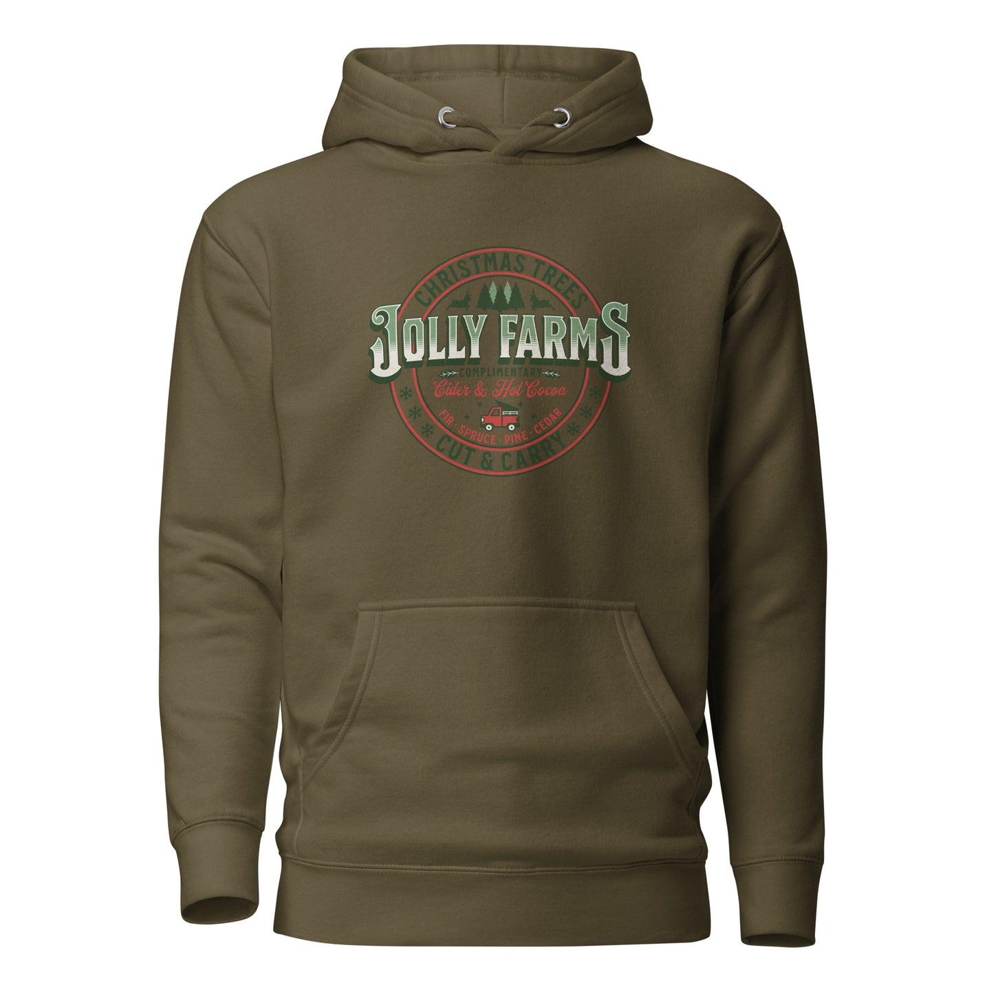 Jolly Farms Christmas Trees Men's Holiday Hoodie Military Green