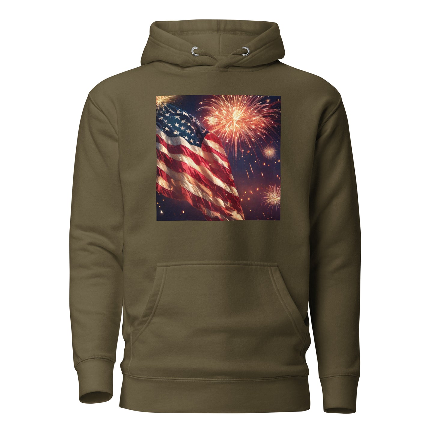 4th of July Fireworks and American Flag Hoodie Military Green