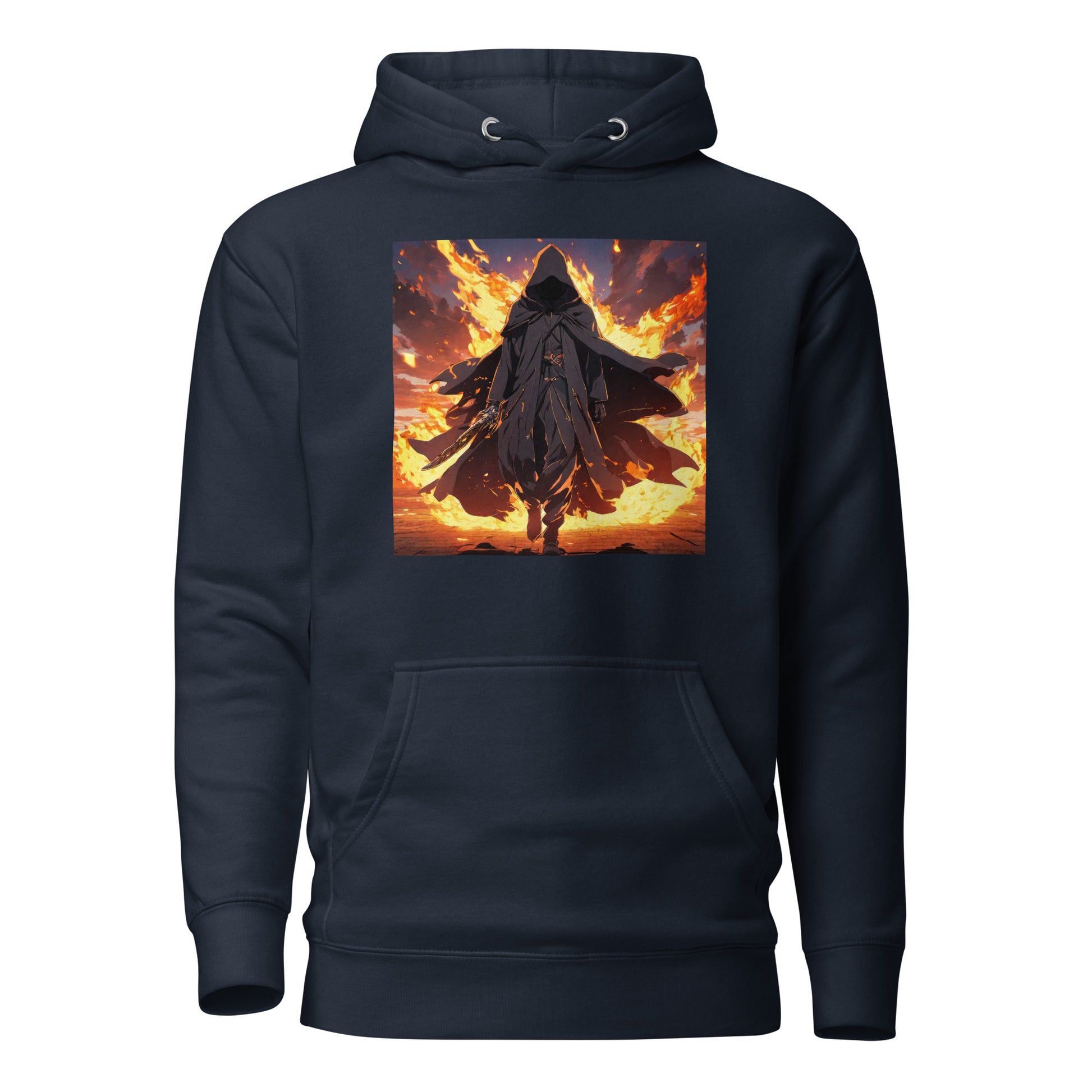 Fiery Faceless Warrior Men's Graphic Anime Hoodie Navy Blazer