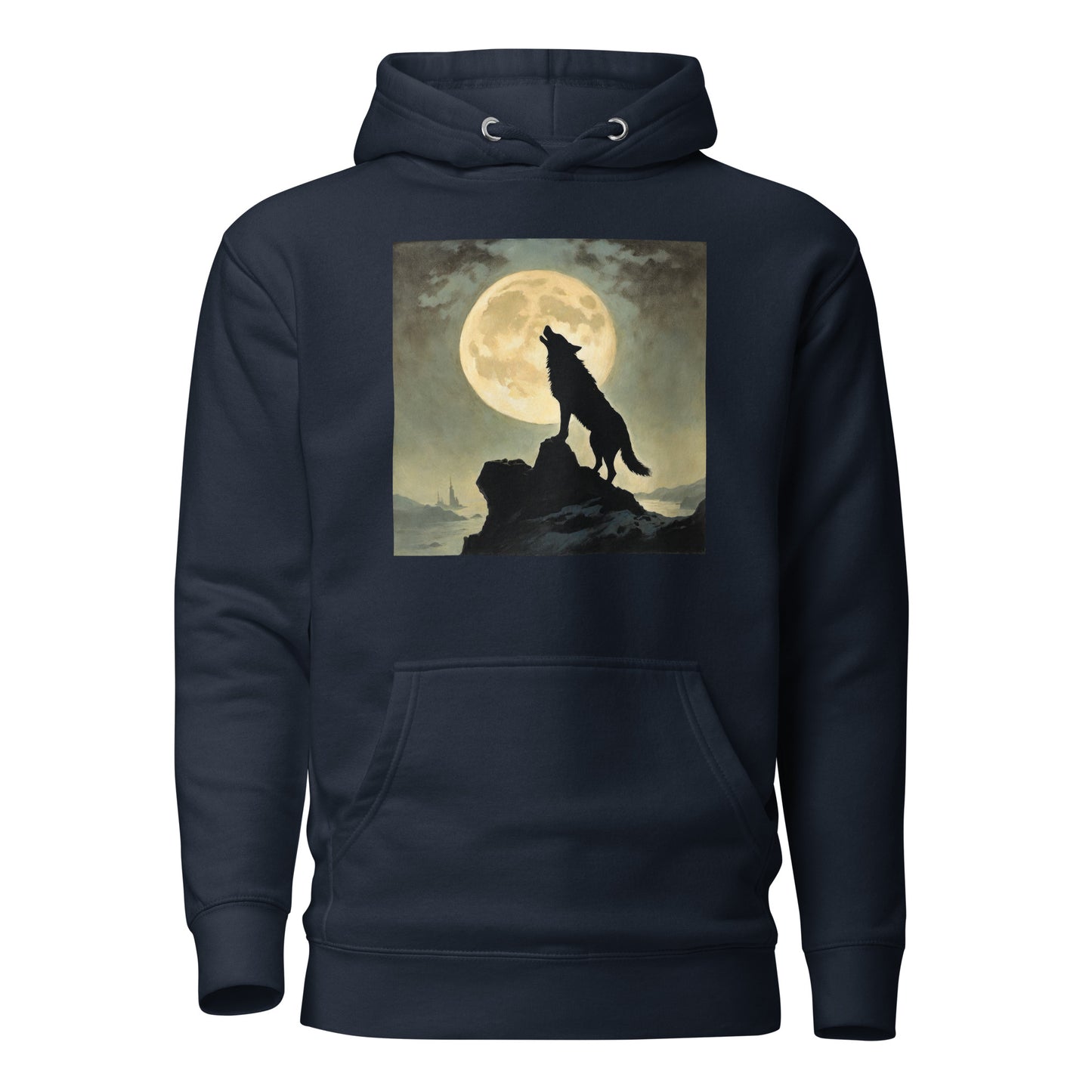 Wolf Howling at Moon Halloween Men's Hoodie Navy Blazer