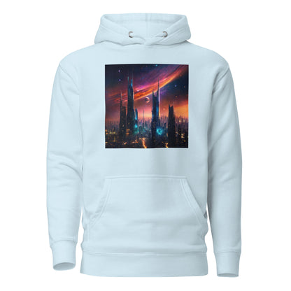 Futuristic Ciyscape Men's Pullover Sweatshirt Hoodie Sky Blue