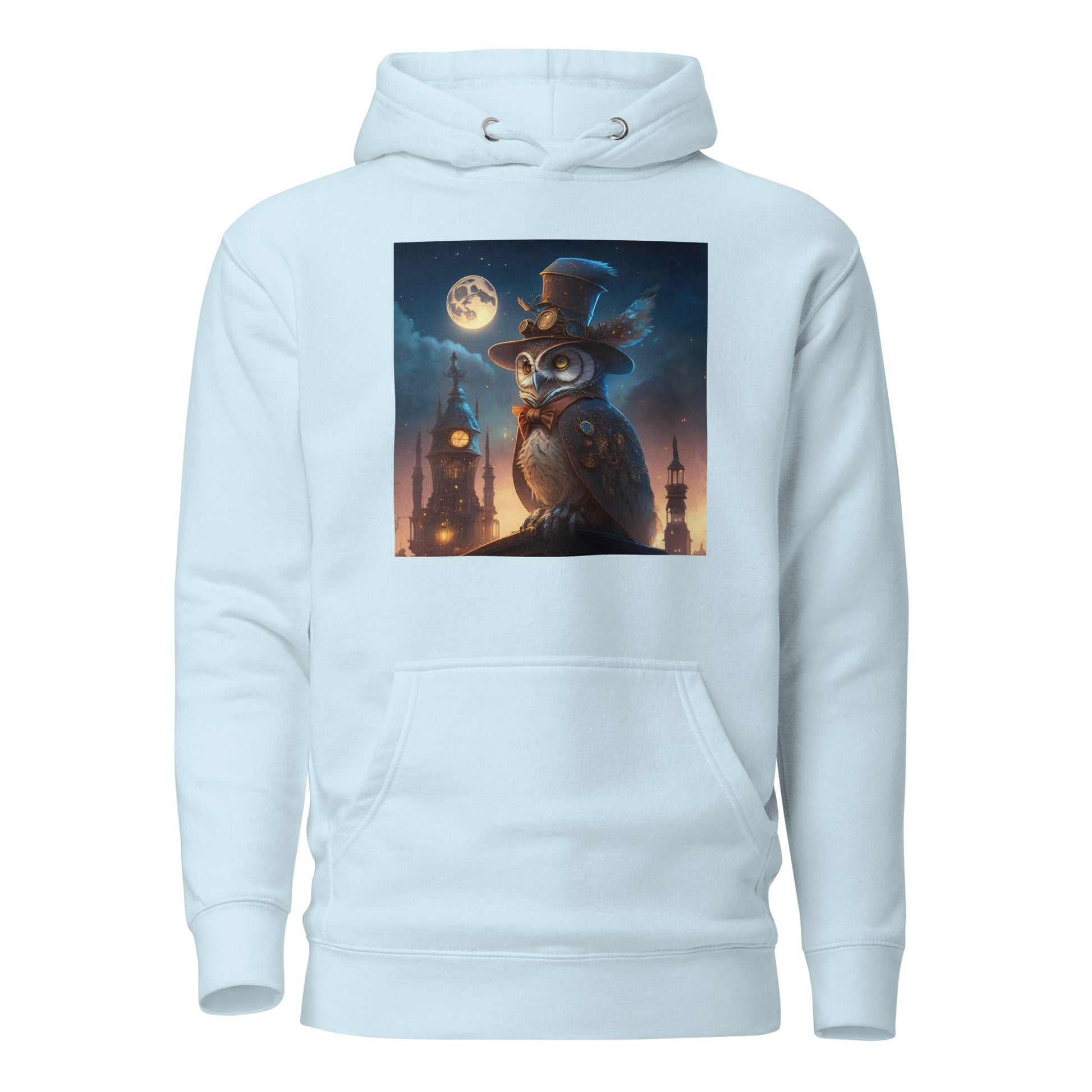 Moonlit Steampunk Owl Men's Graphic Hoodie Sky Blue