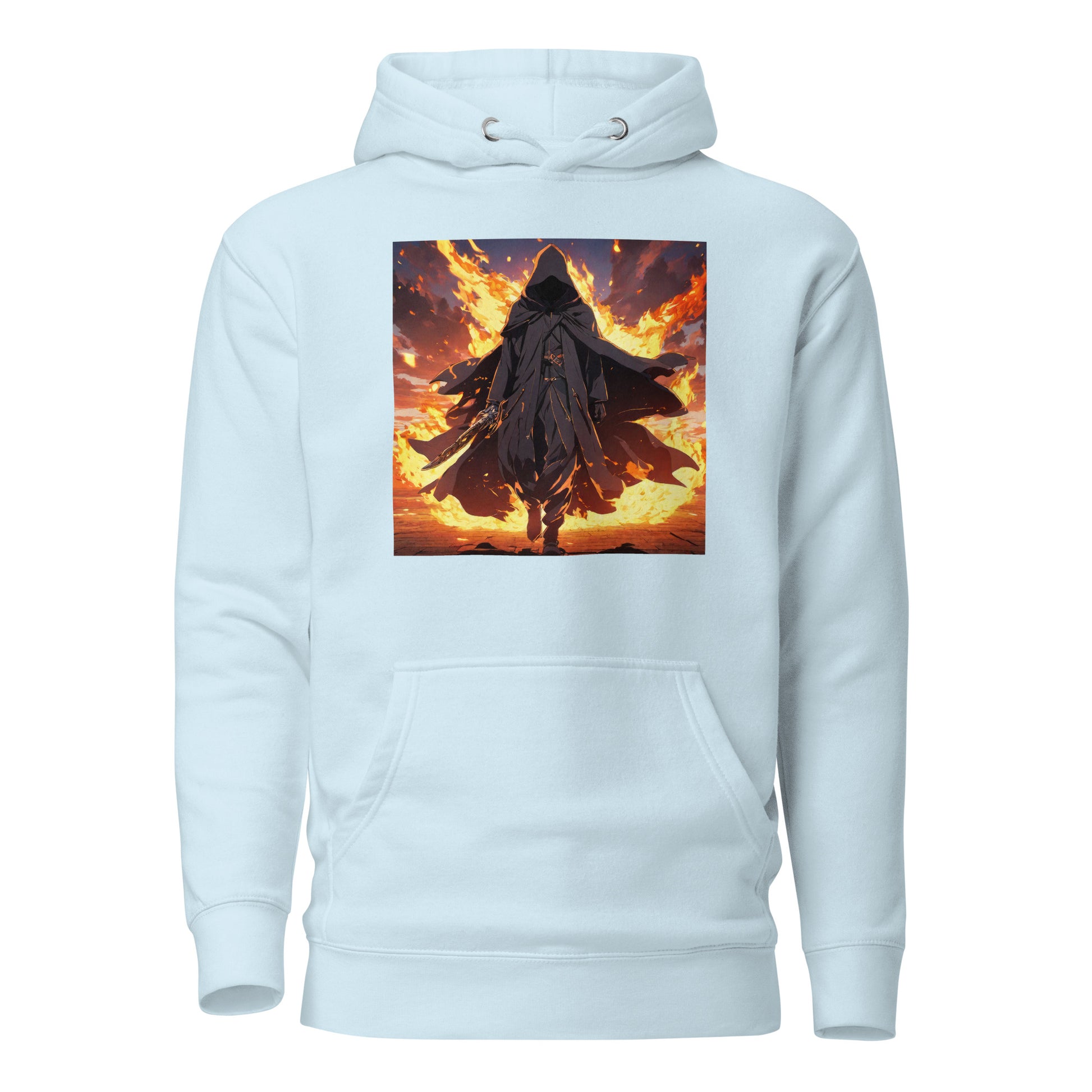 Fiery Faceless Warrior Men's Graphic Anime Hoodie Sky Blue