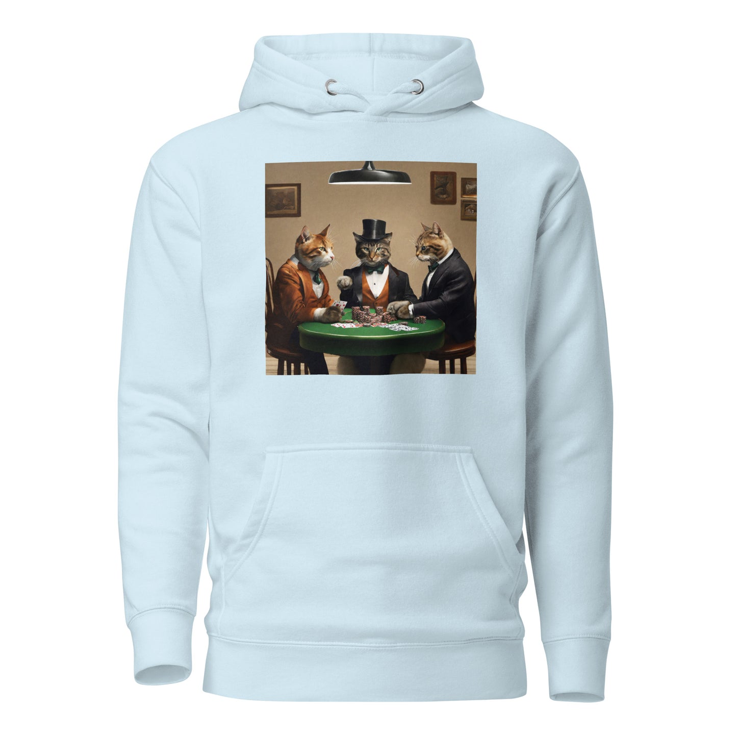 Cats Playing Poker Men's Funny Hoodie Sky Blue