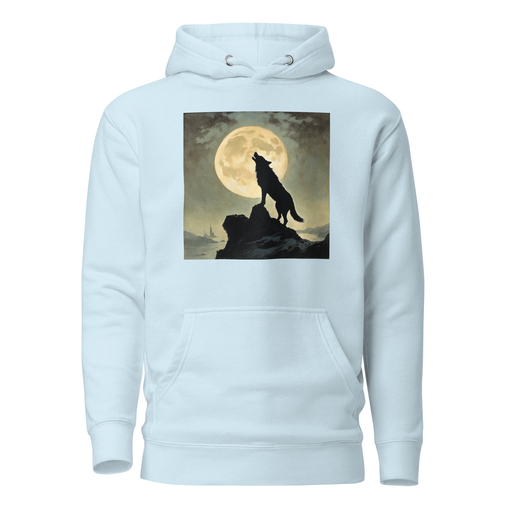 Wolf Howling at Moon Halloween Men's Hoodie Sky Blue